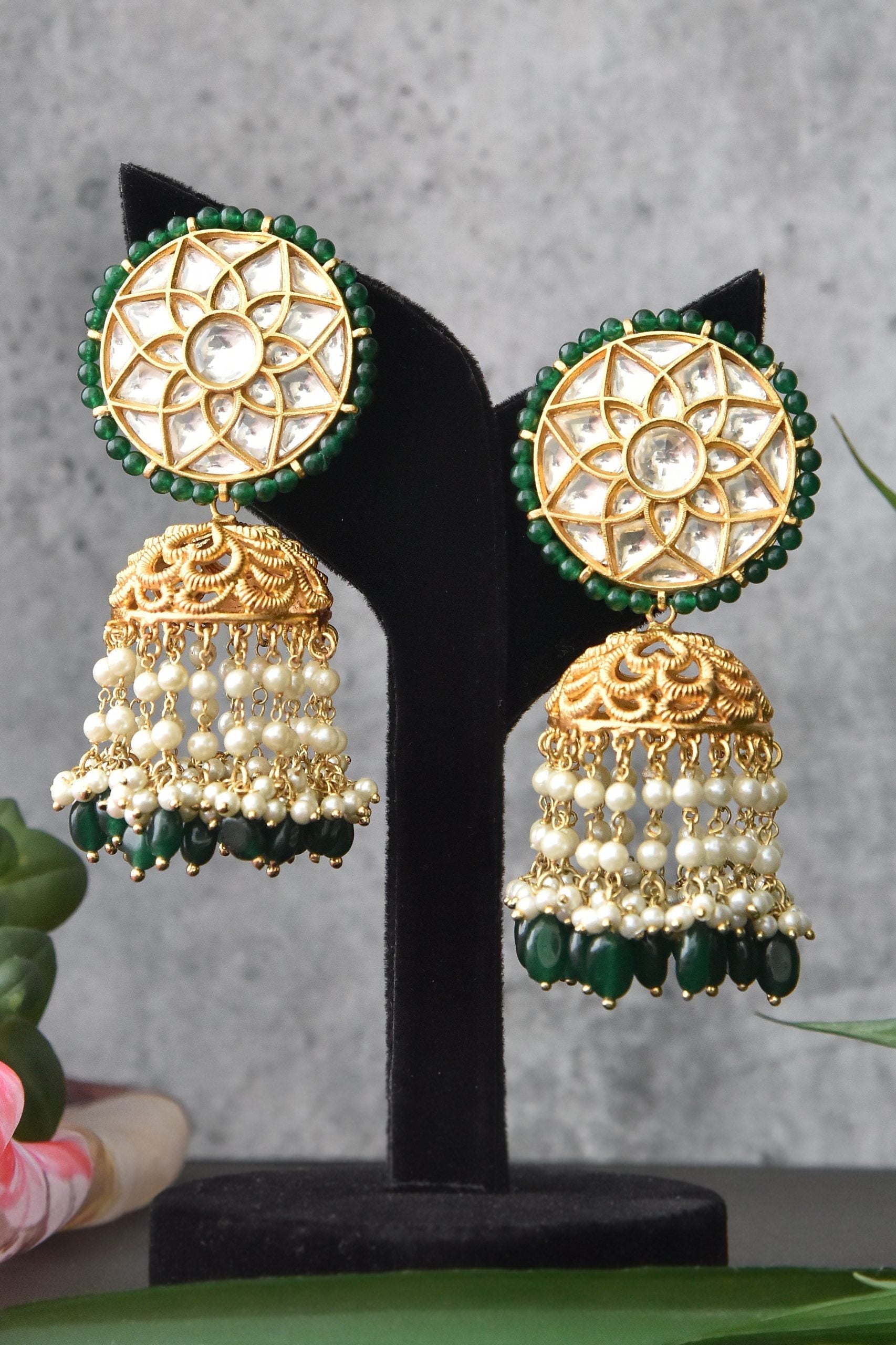 Green Gold Tone Kundan Jhumki Earrings with Pearls