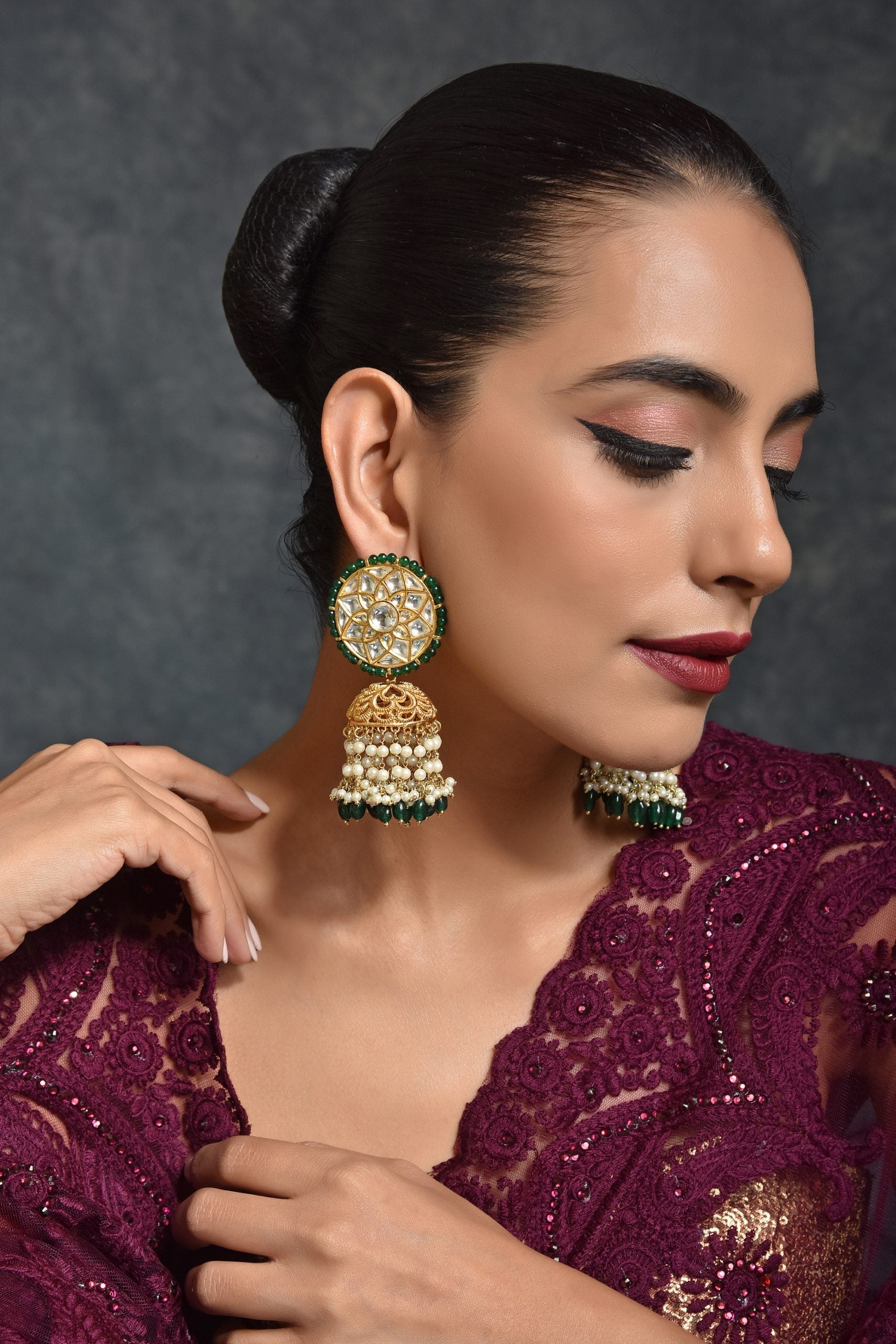 Green Gold Tone Kundan Jhumki Earrings with Pearls