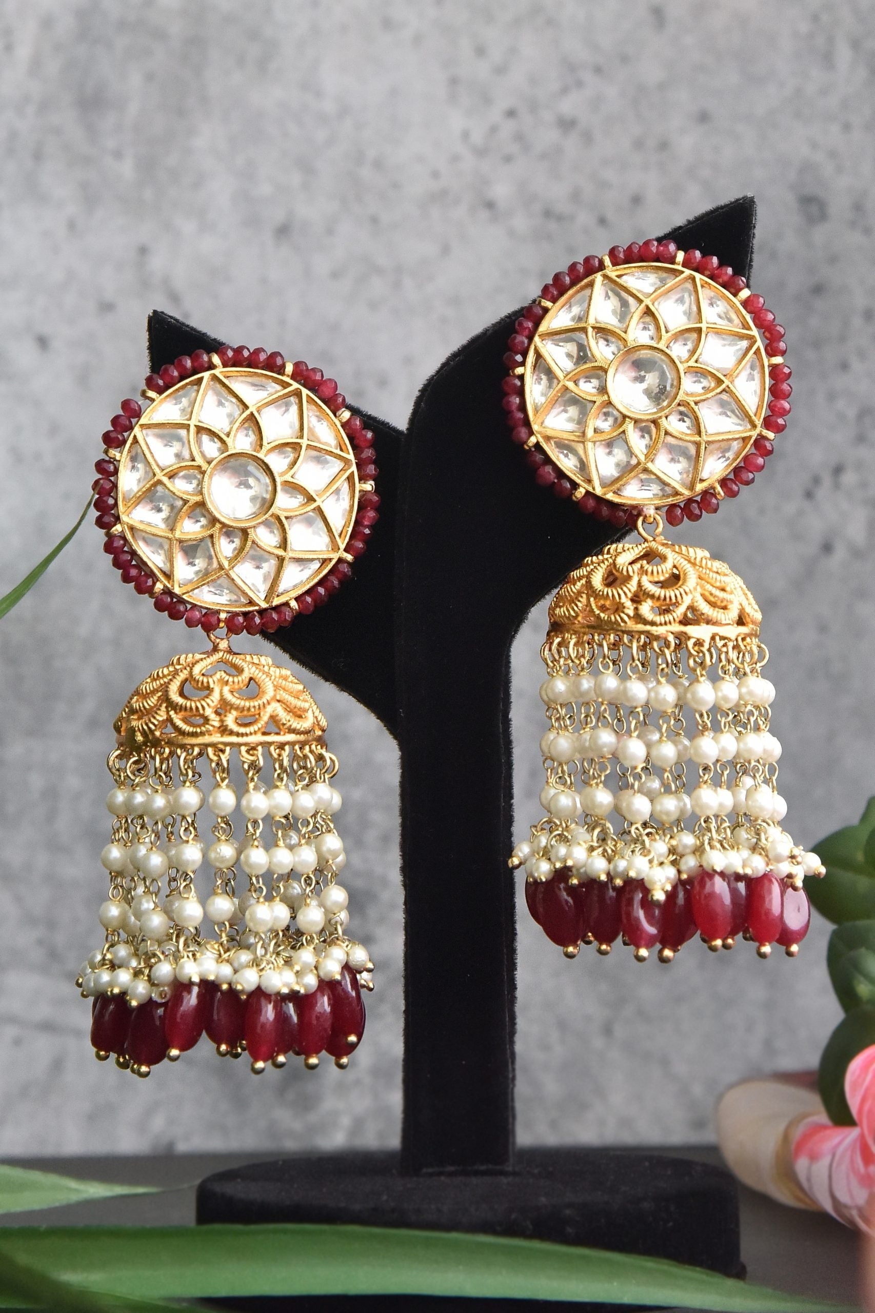 Red Gold Tone Kundan Earrings with Pearls