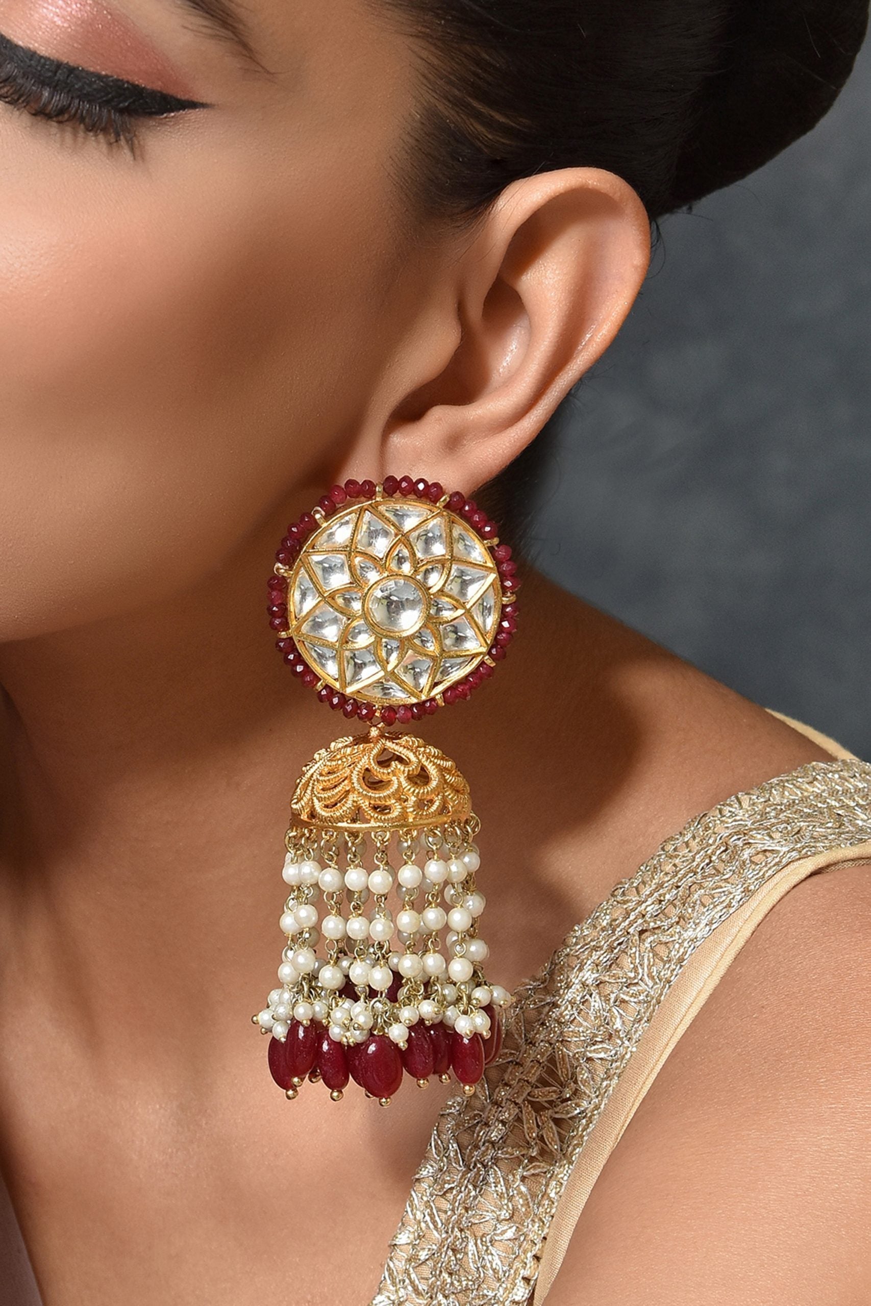 Red Gold Tone Kundan Earrings with Pearls