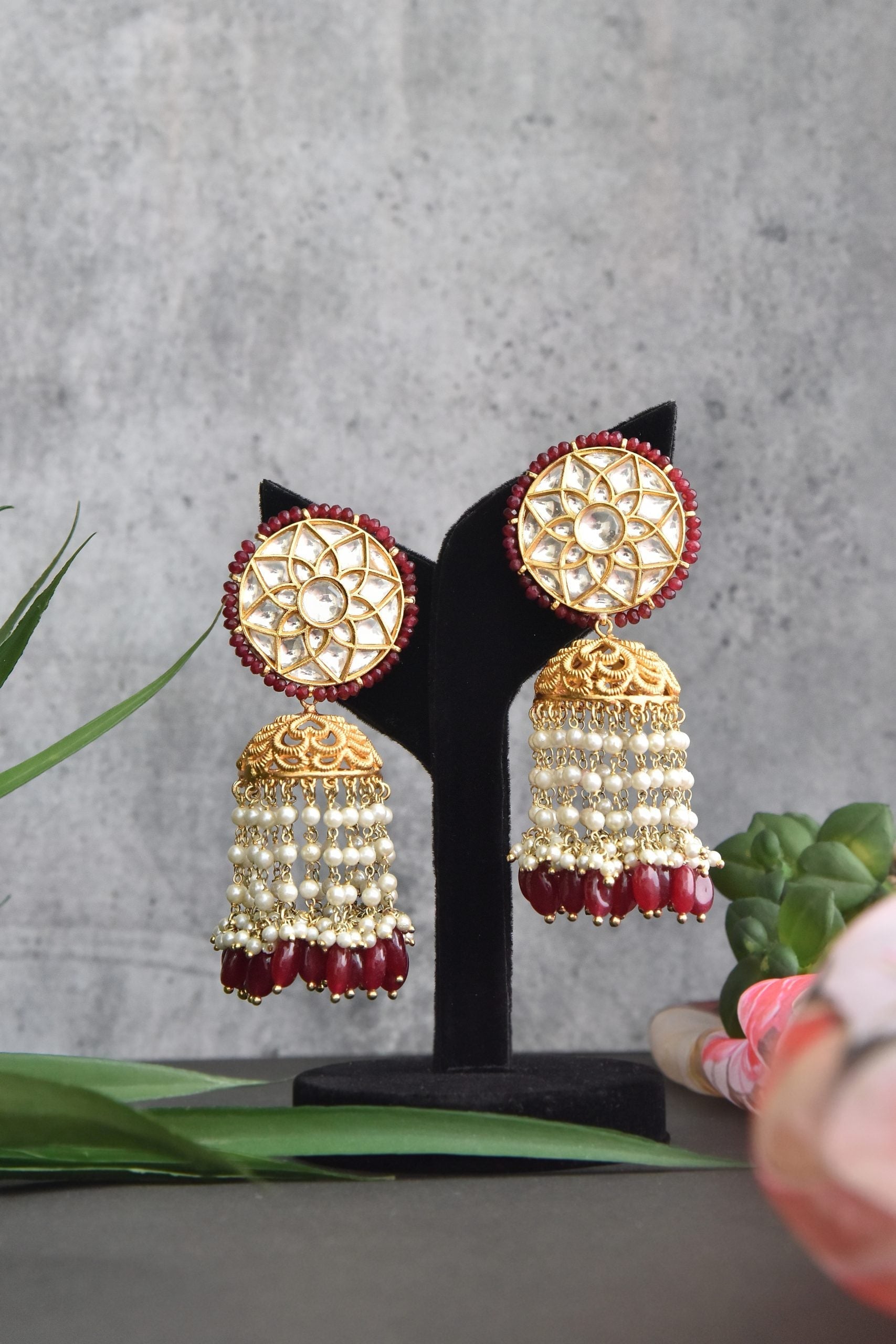 Red Gold Tone Kundan Earrings with Pearls