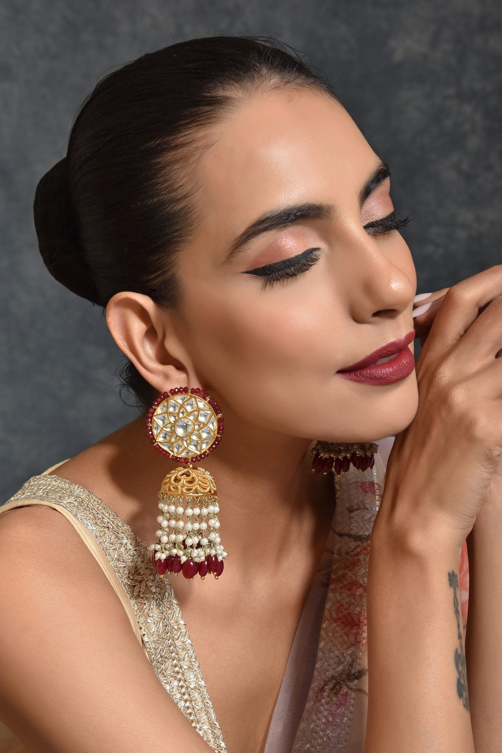 Red Gold Tone Kundan Earrings with Pearls