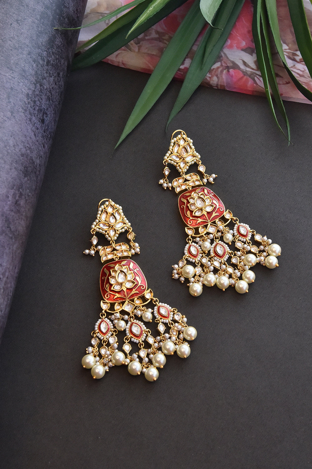 Red Gold Tone Kundan Earrings