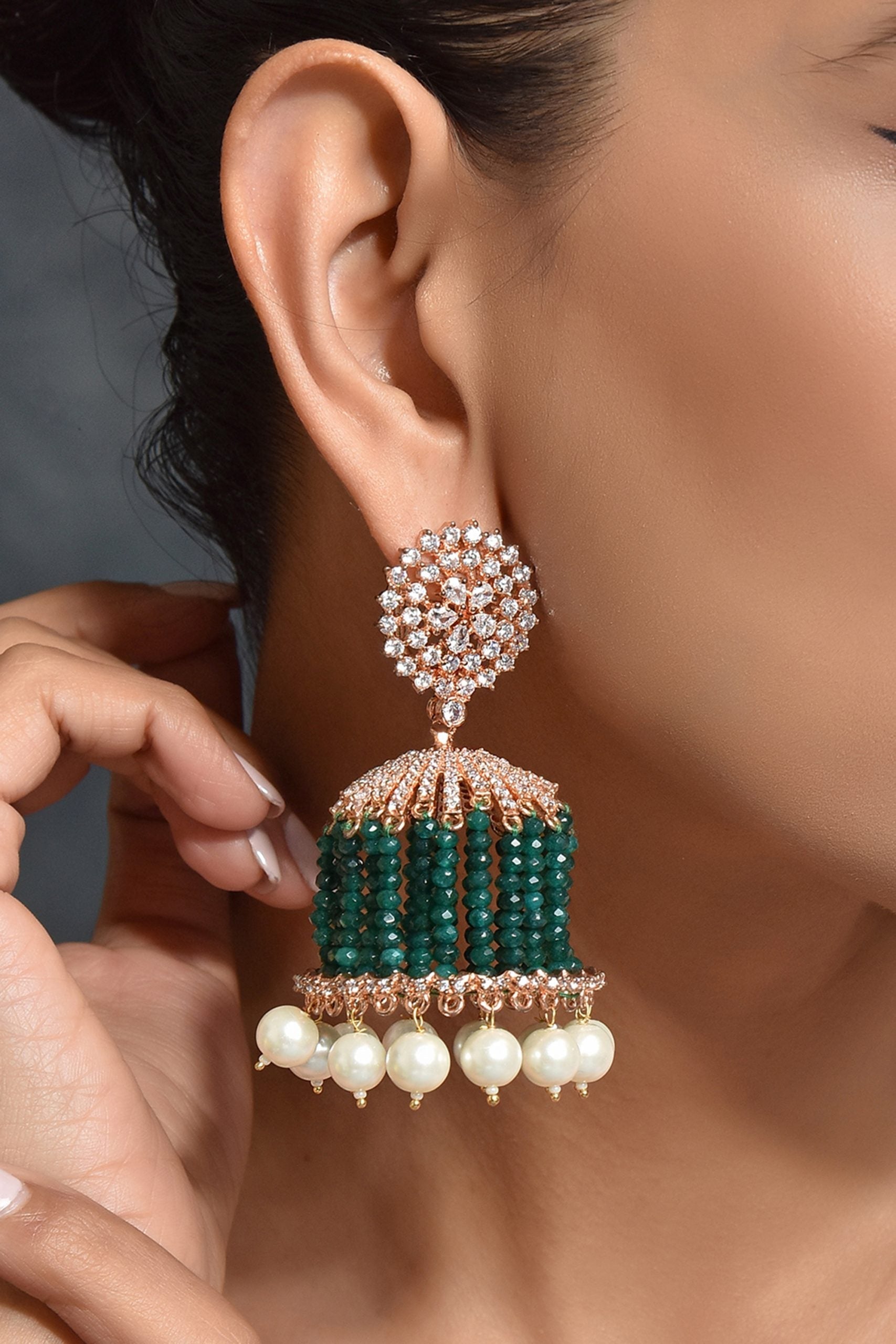 Geen Gold Tone Kundan Jhumki Earrings with Pearls