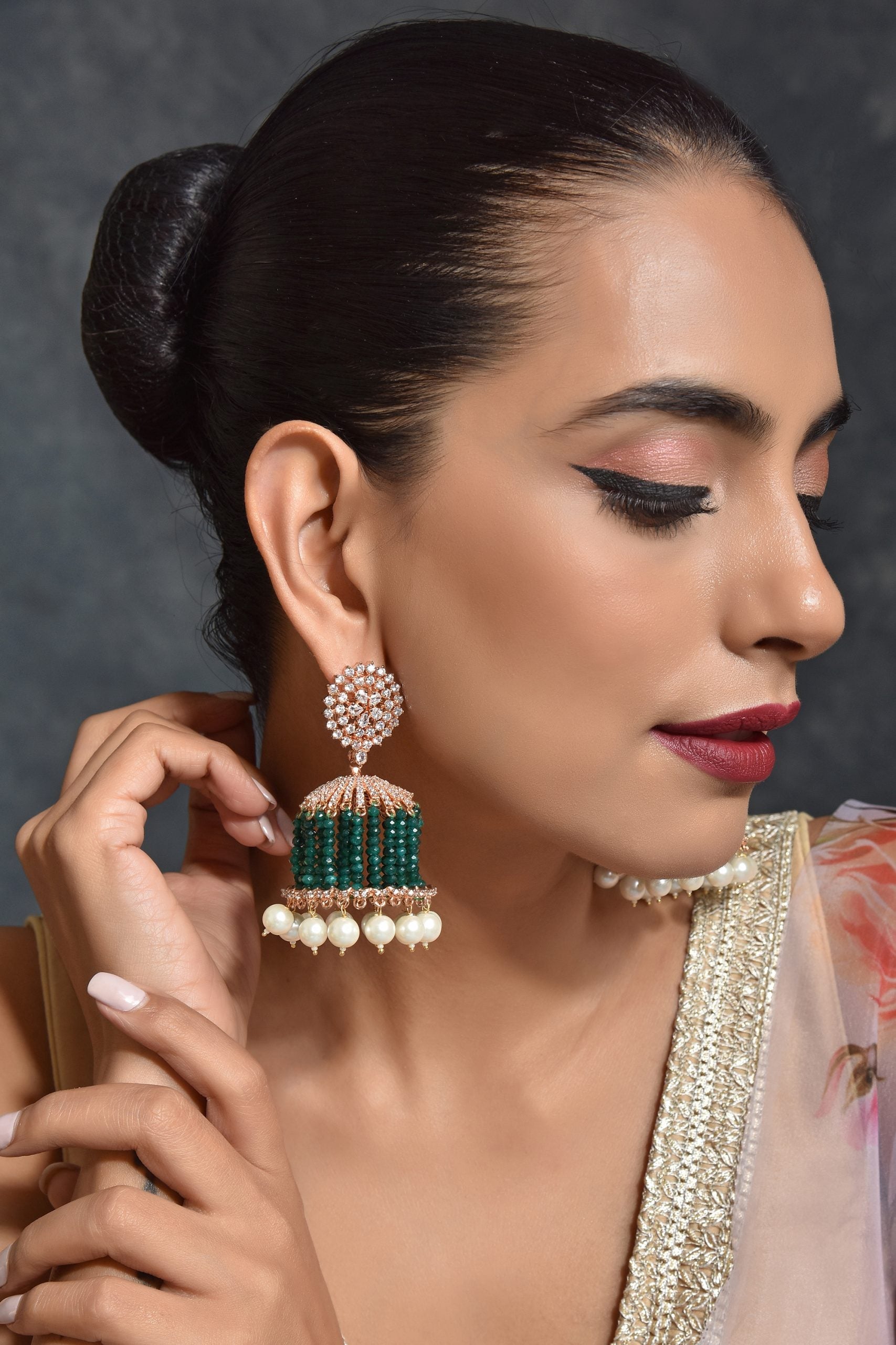 Geen Gold Tone Kundan Jhumki Earrings with Pearls