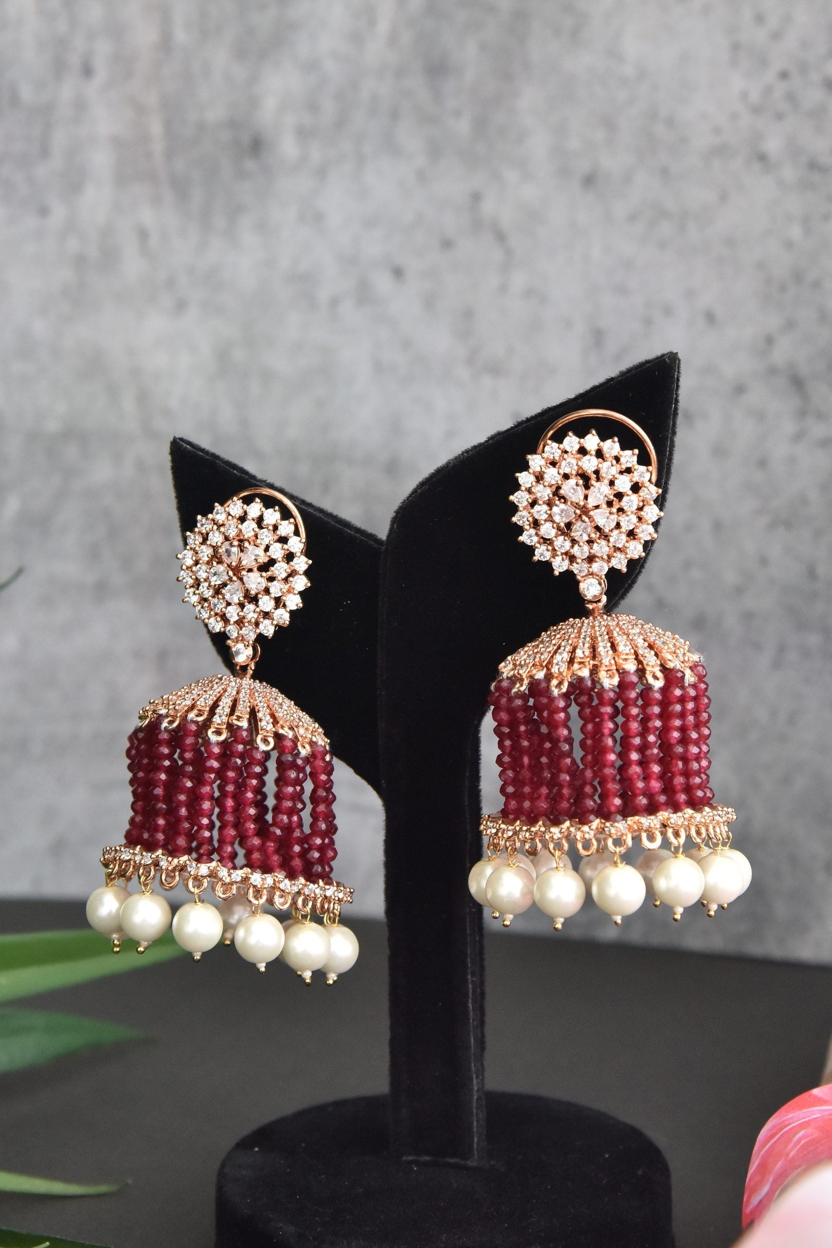 Red Gold Tone Kundan Jhumki Earrings with Pearls