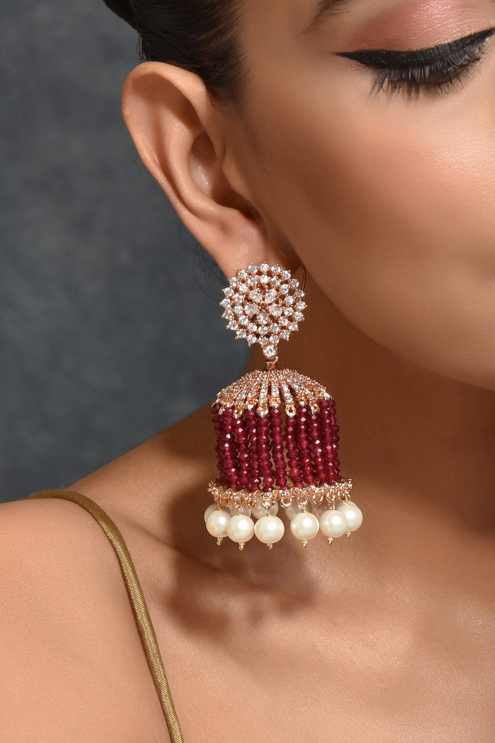 Red Gold Tone Kundan Jhumki Earrings with Pearls