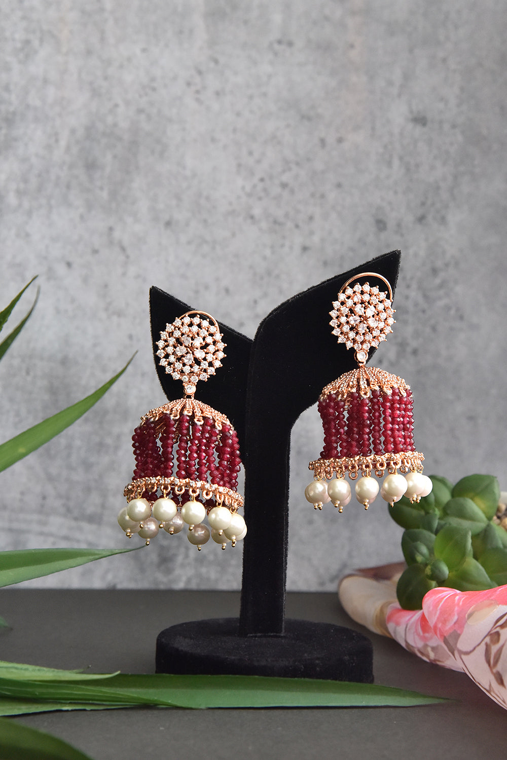 Red Gold Tone Kundan Jhumki Earrings with Pearls