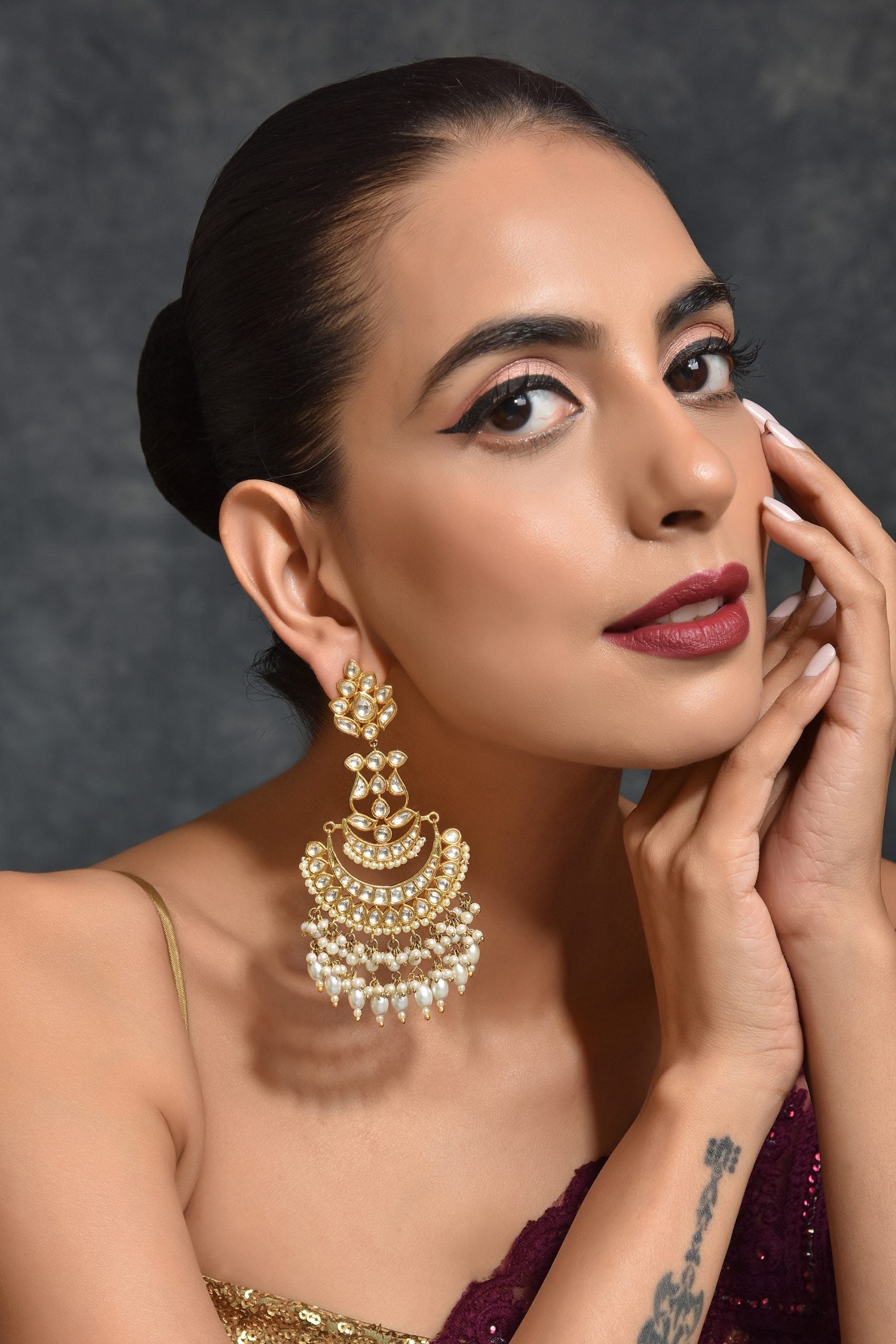 Gold Tone Kundan Earrings with Pearls