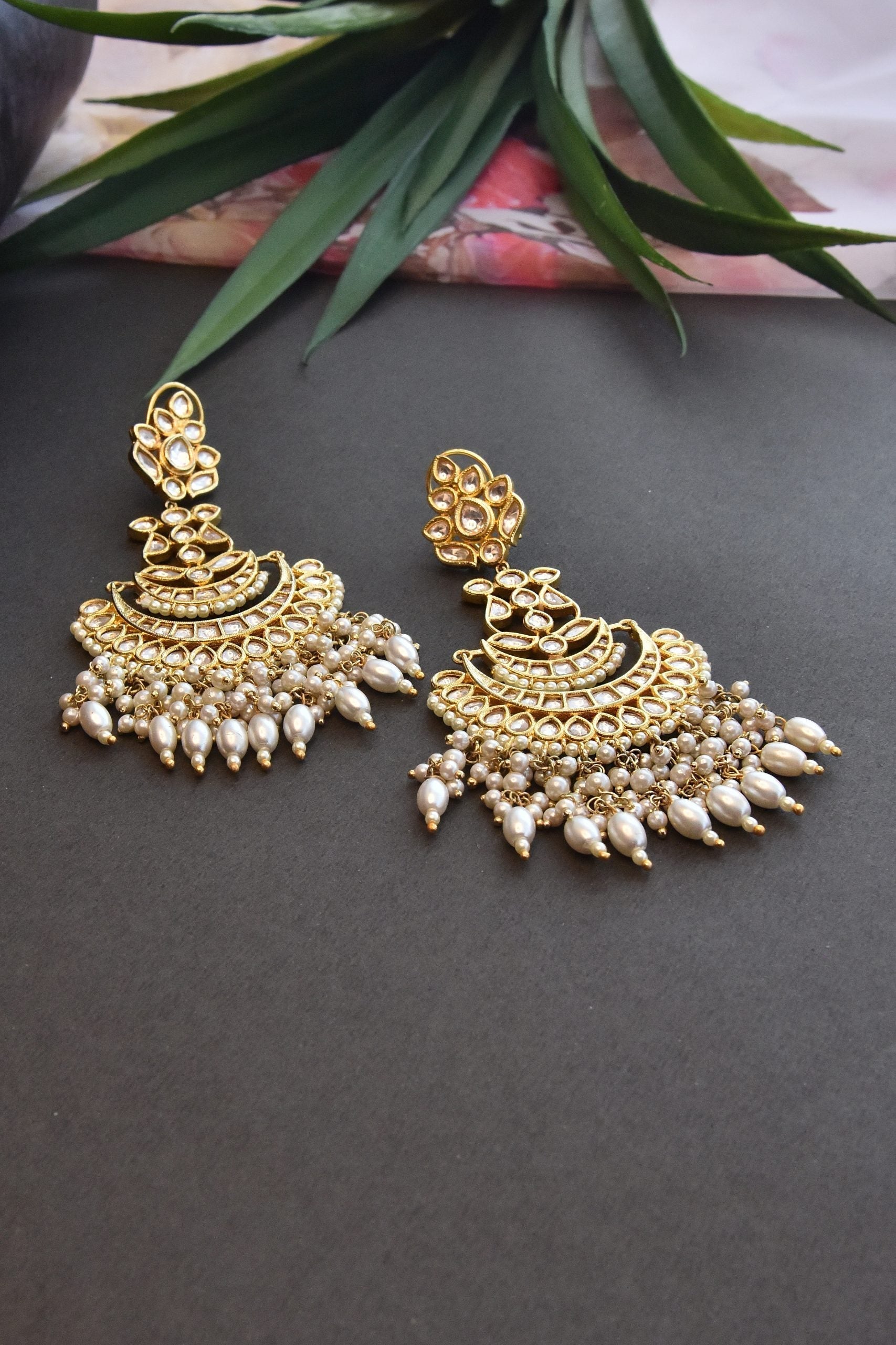 Gold Tone Kundan Earrings with Pearls