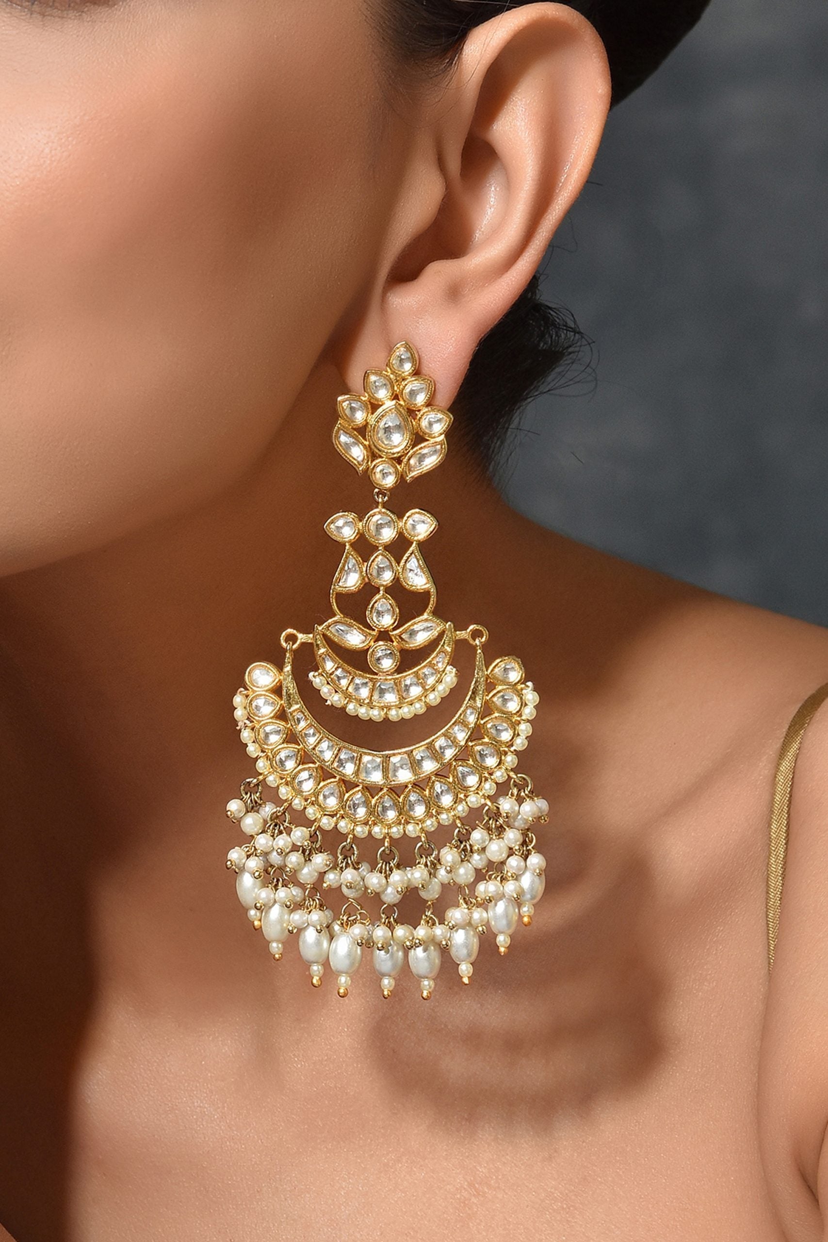 Gold Tone Kundan Earrings with Pearls