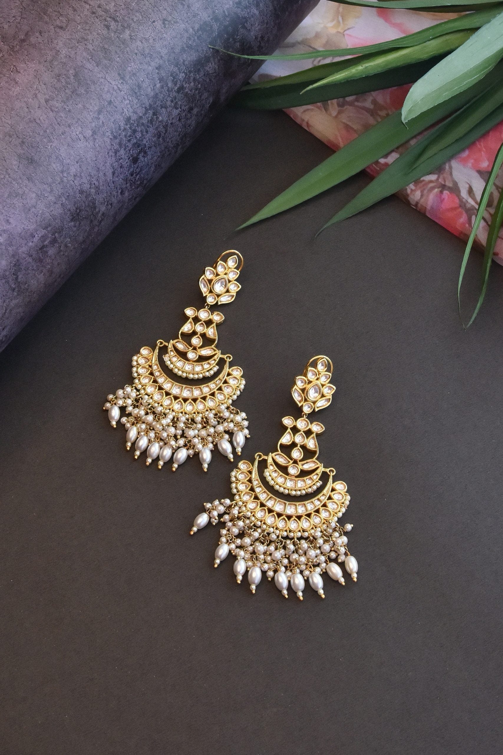 Gold Tone Kundan Earrings with Pearls