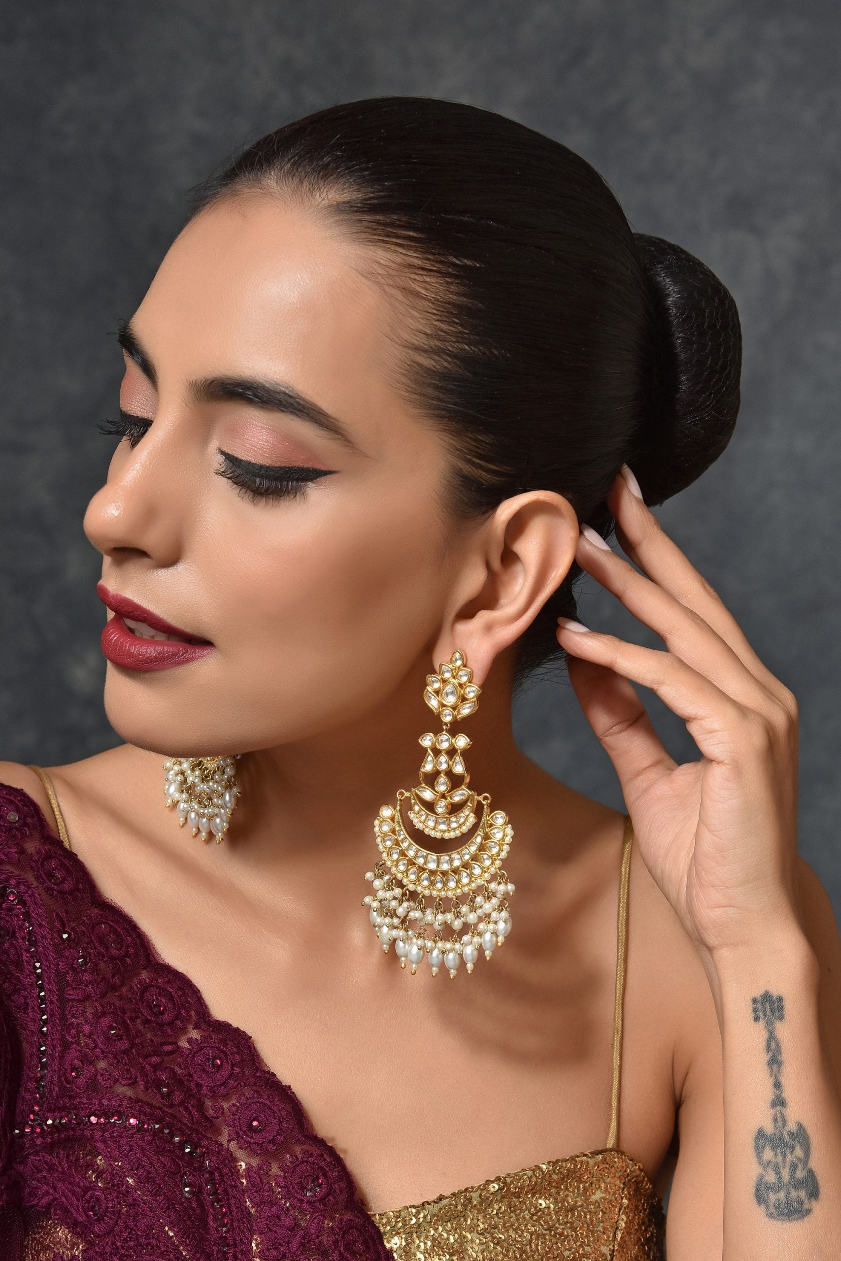 Gold Tone Kundan Earrings with Pearls