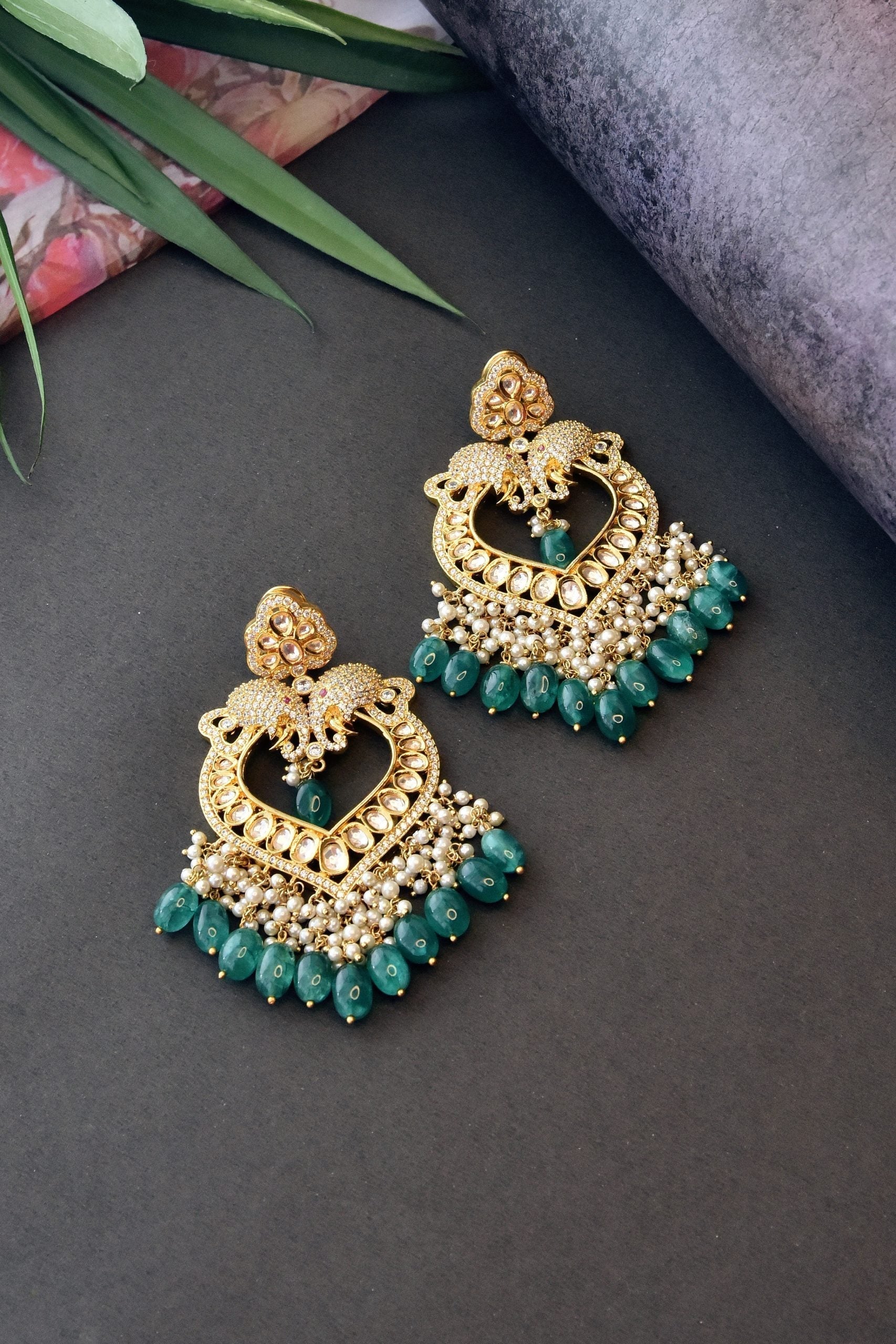 Green Gold Tone Kundan Earrings