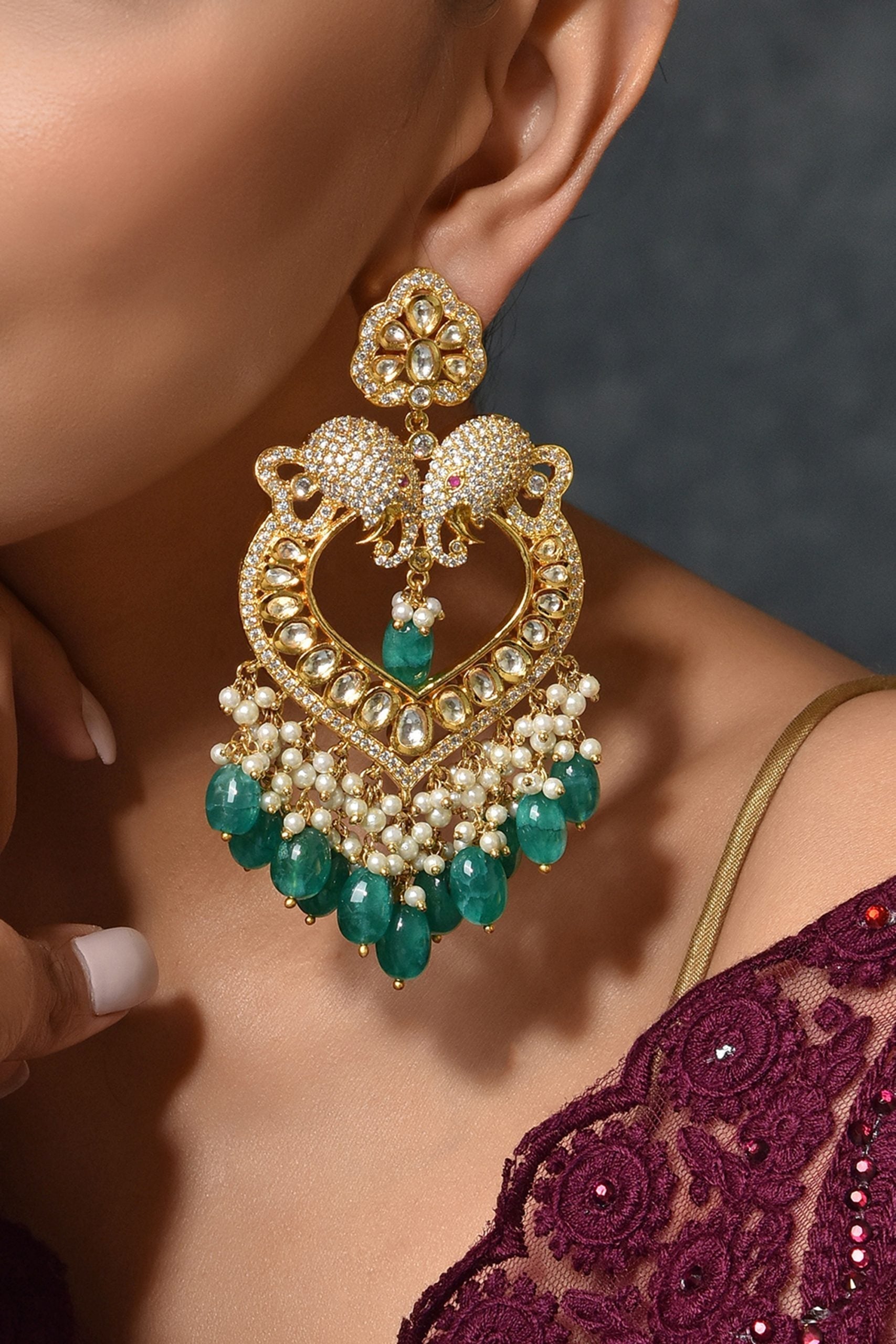 Green Gold Tone Kundan Earrings