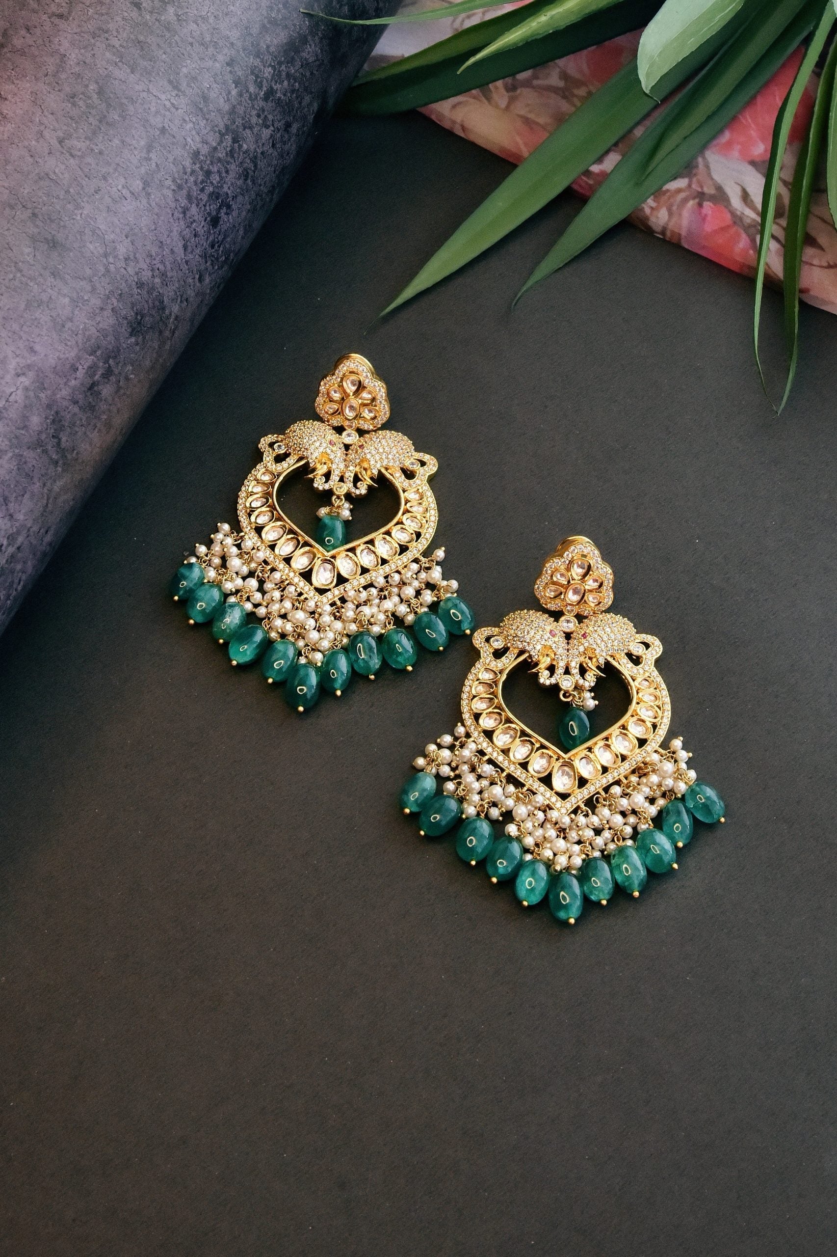 Green Gold Tone Kundan Earrings