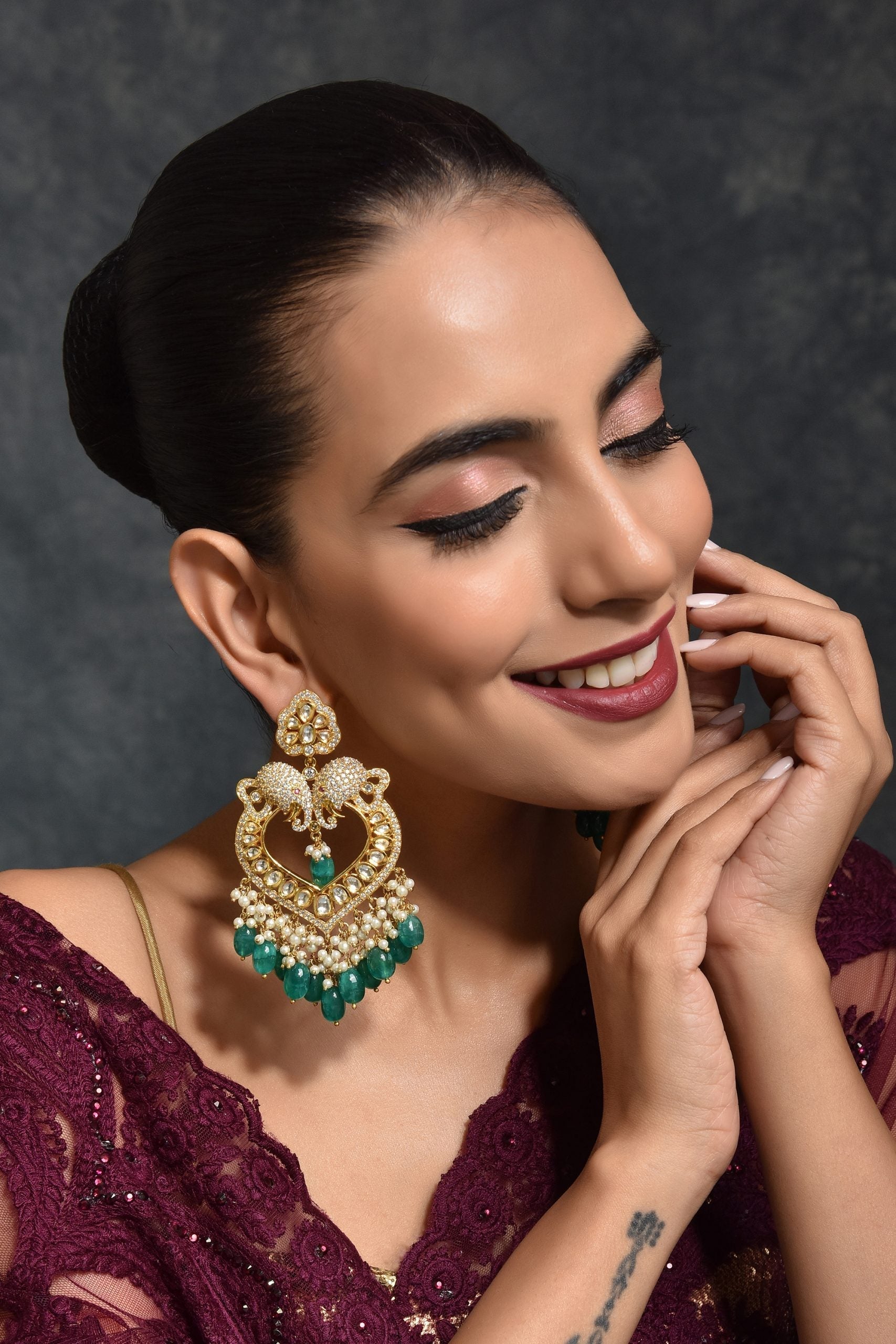 Green Gold Tone Kundan Earrings