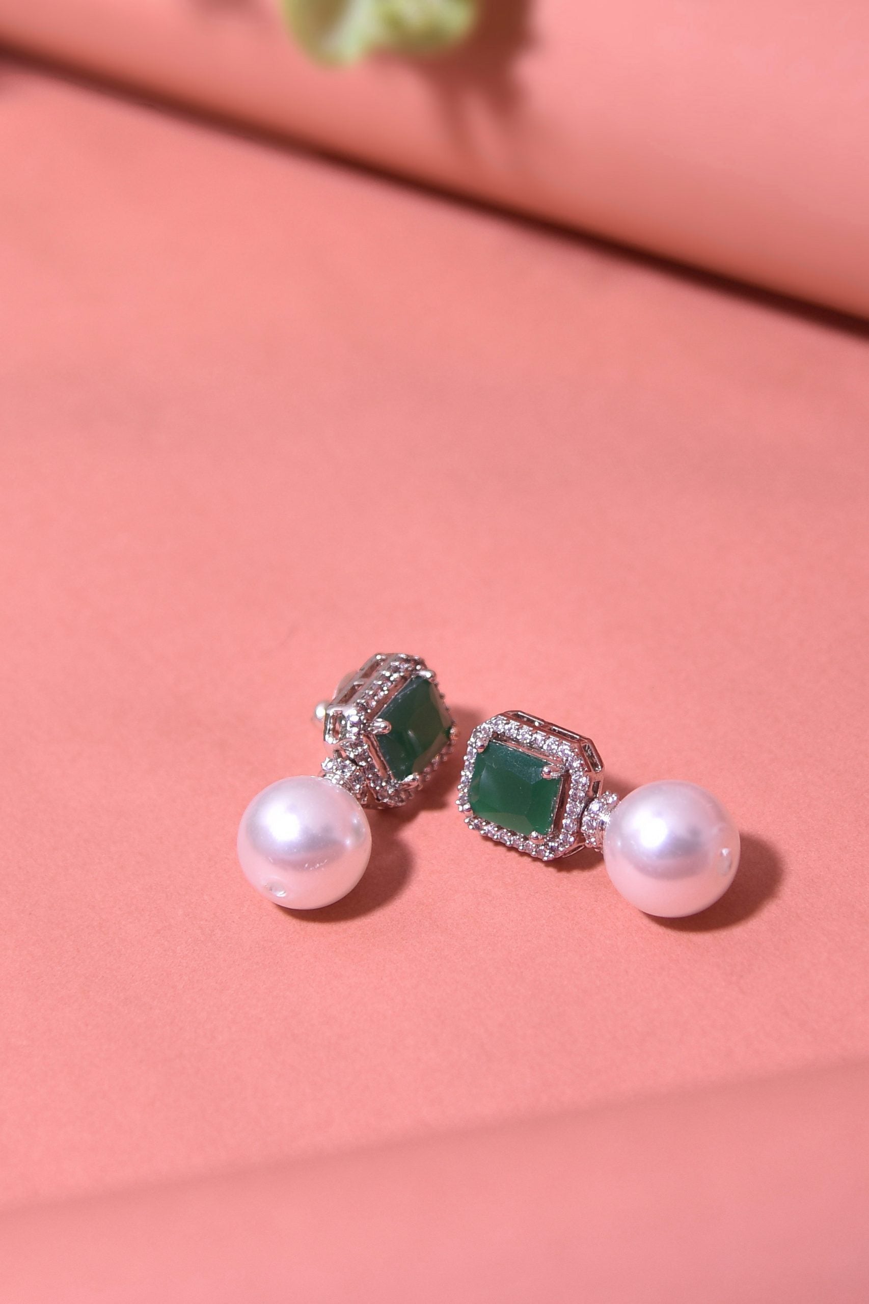 Green Silver Tone Pearl Earrings