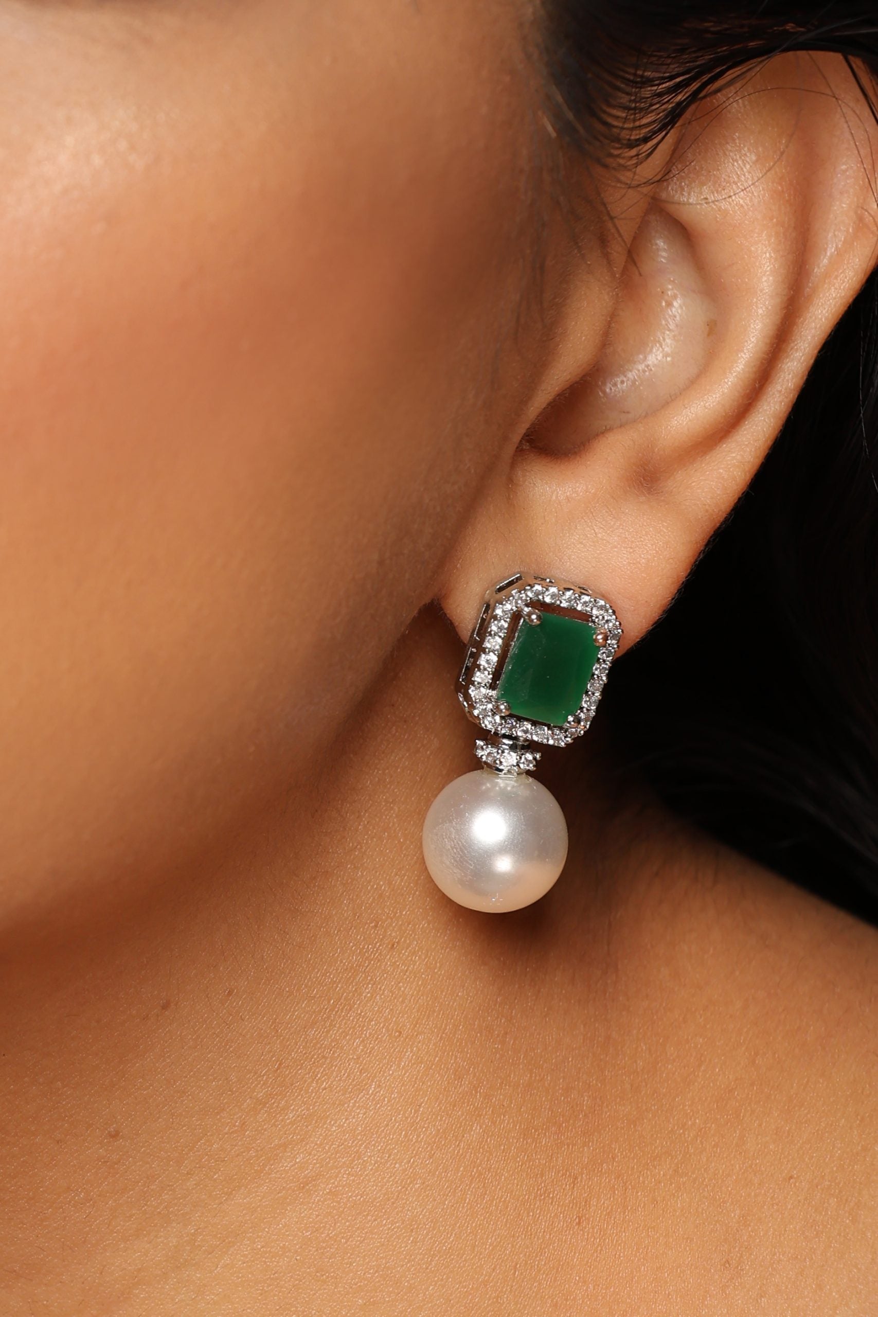 Green Silver Tone Pearl Earrings