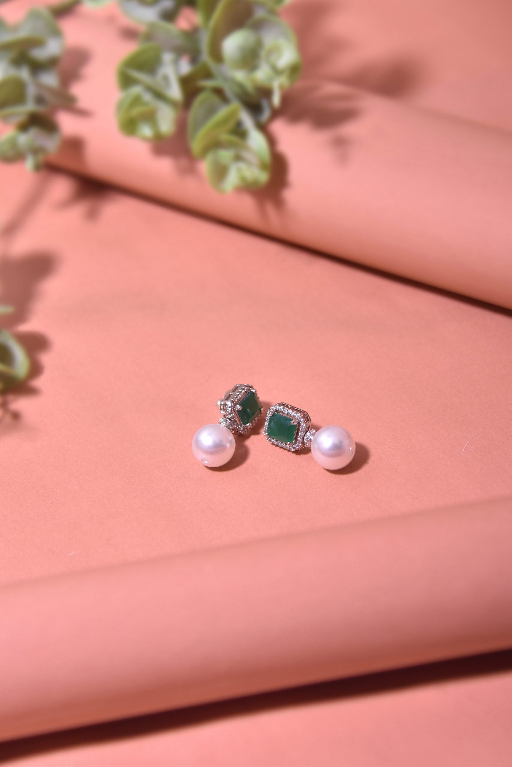 Green Silver Tone Pearl Earrings