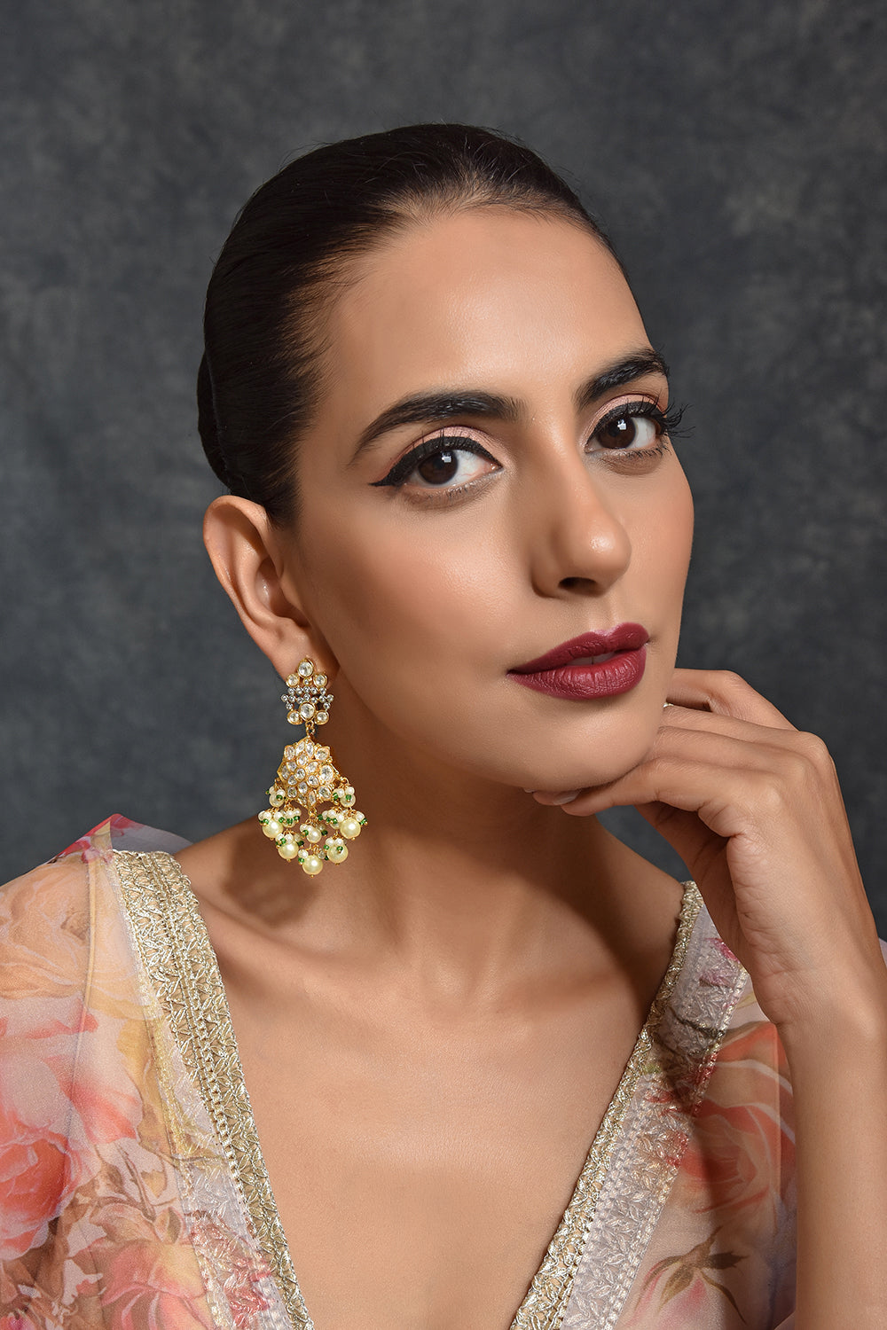 Gold Tone Kundan Earrings with Pearls