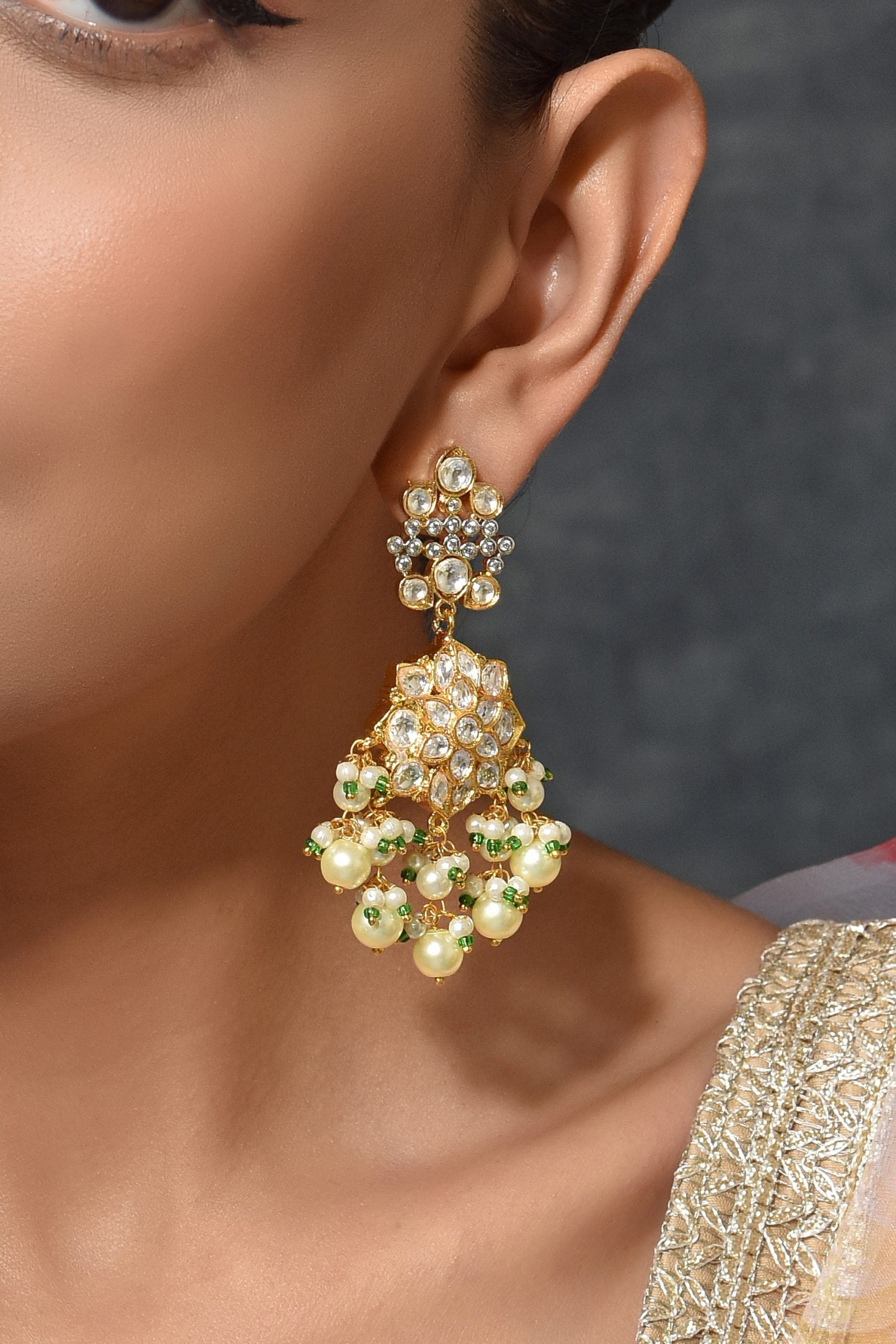 Gold Tone Kundan Earrings with Pearls