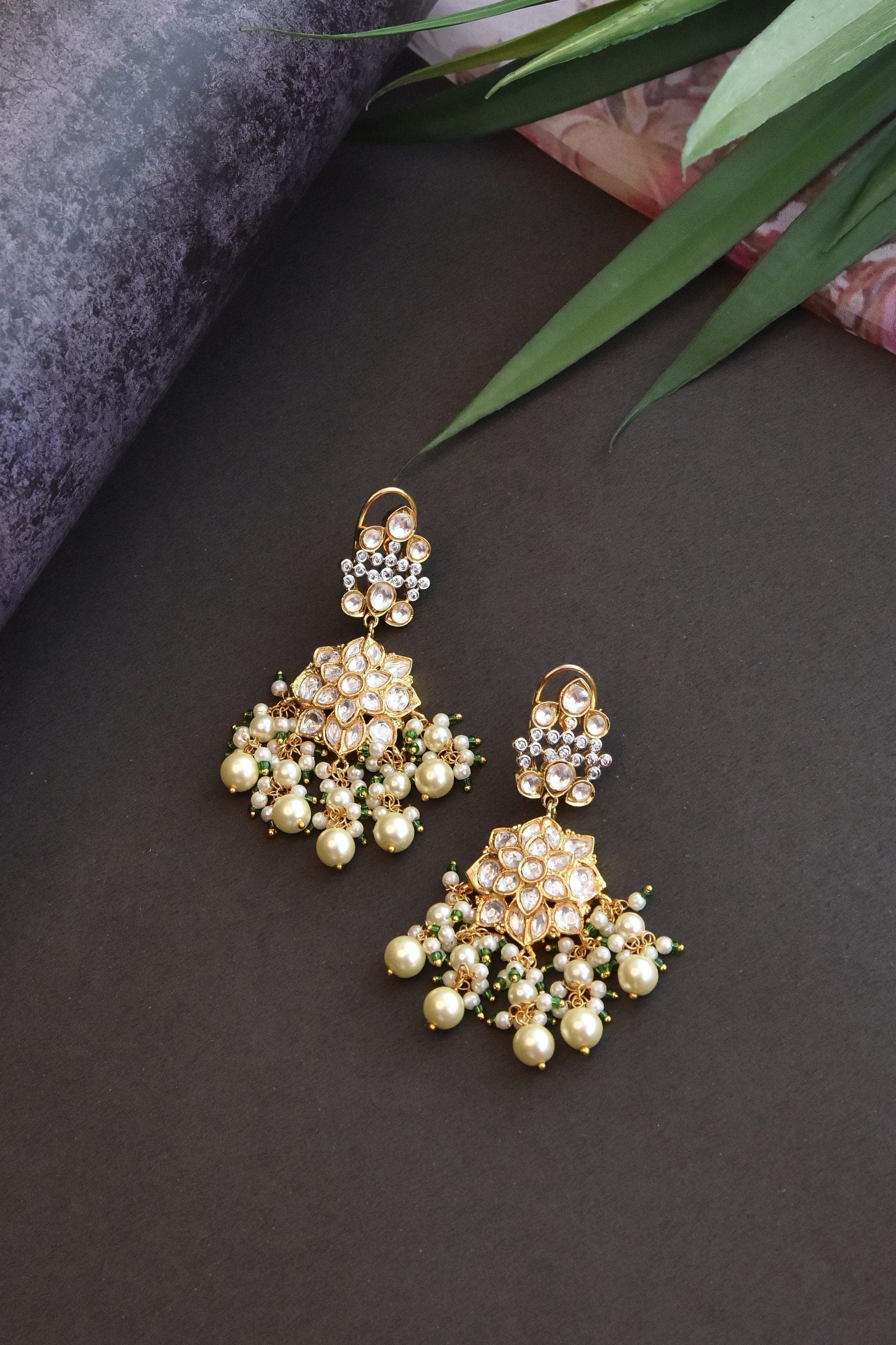 Gold Tone Kundan Earrings with Pearls