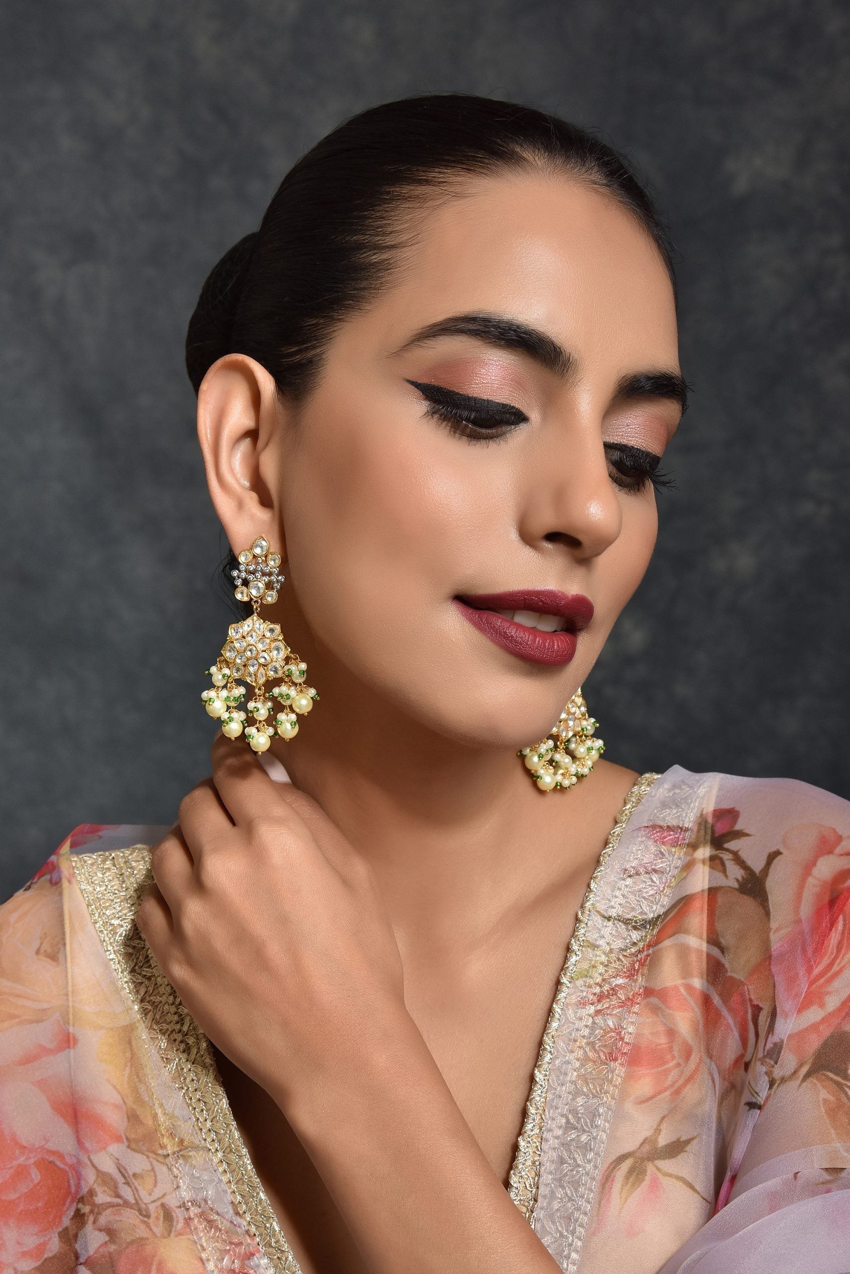 Gold Tone Kundan Earrings with Pearls