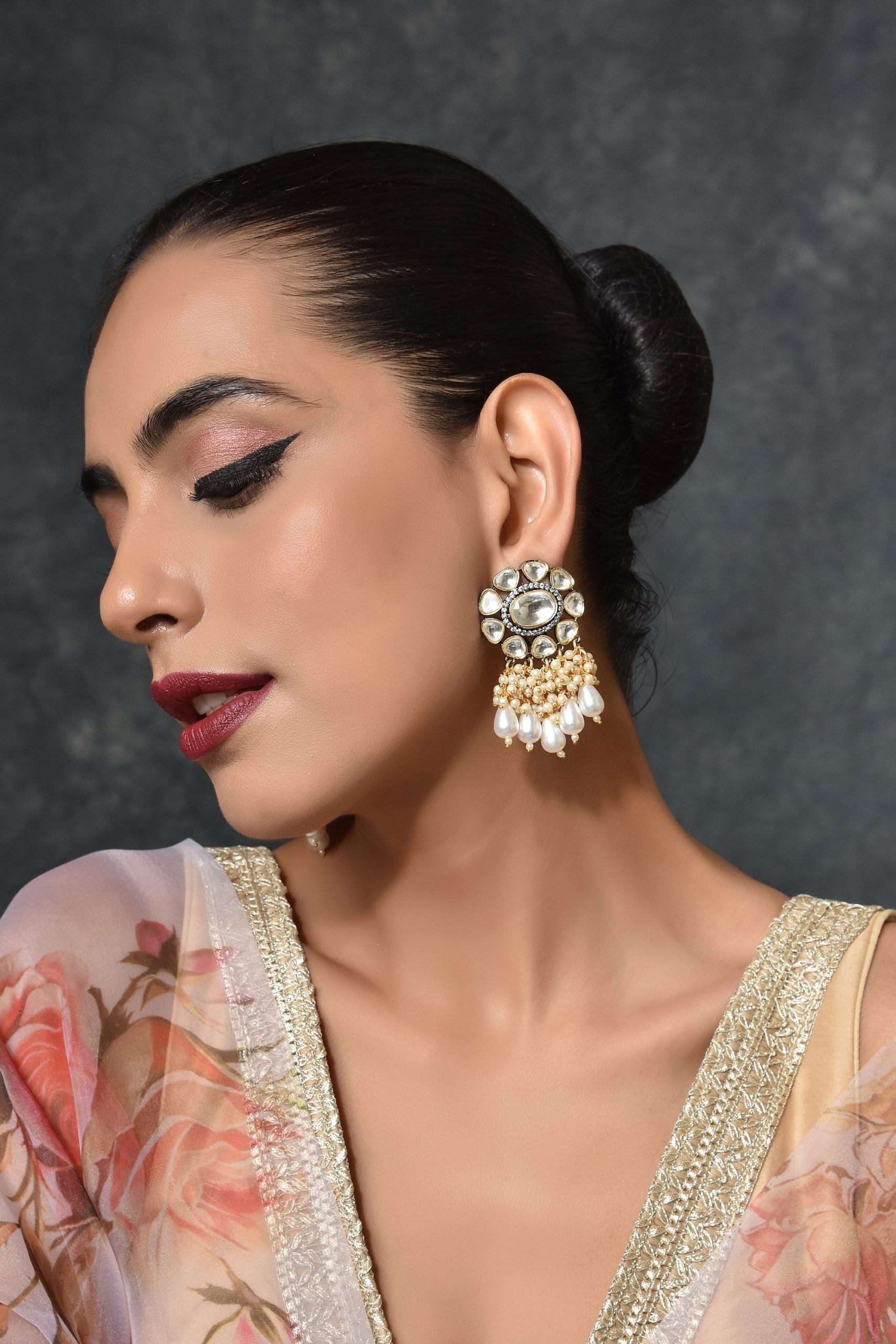 Dual Tone Kundan Earrings with Pearls