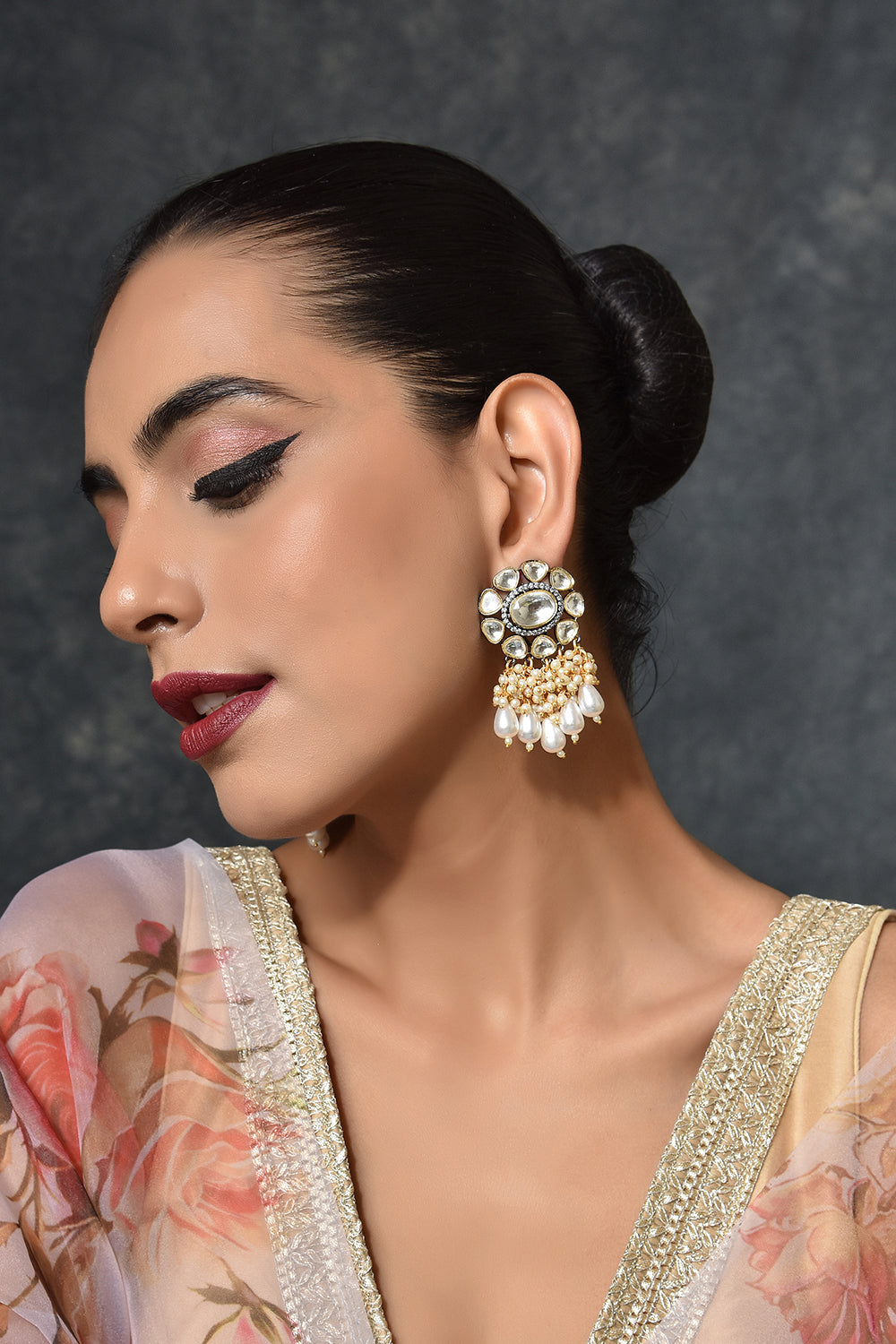 Dual Tone Kundan Earrings with Pearls