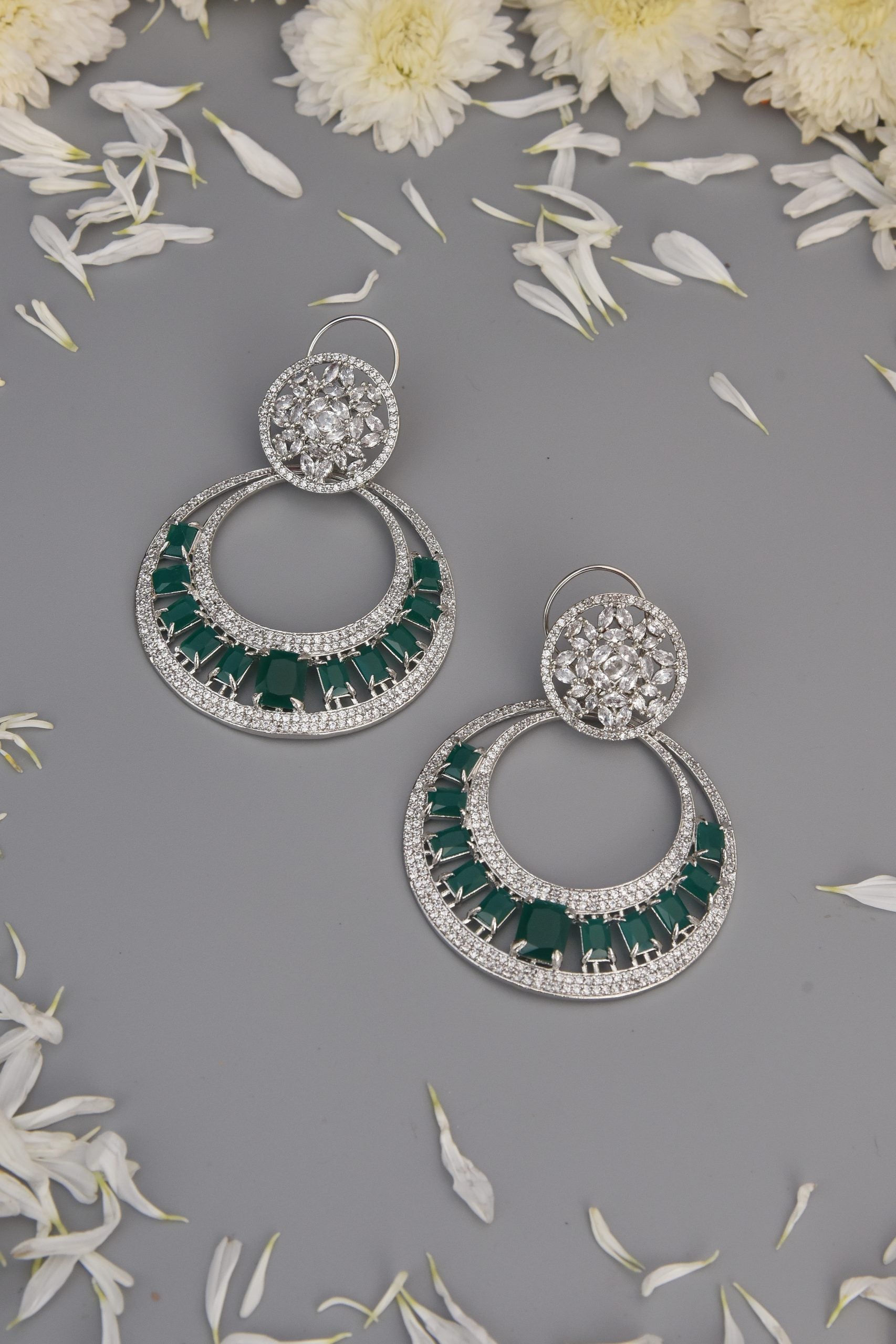 Green Silver Tone Zirconia  Chandbali Earrings