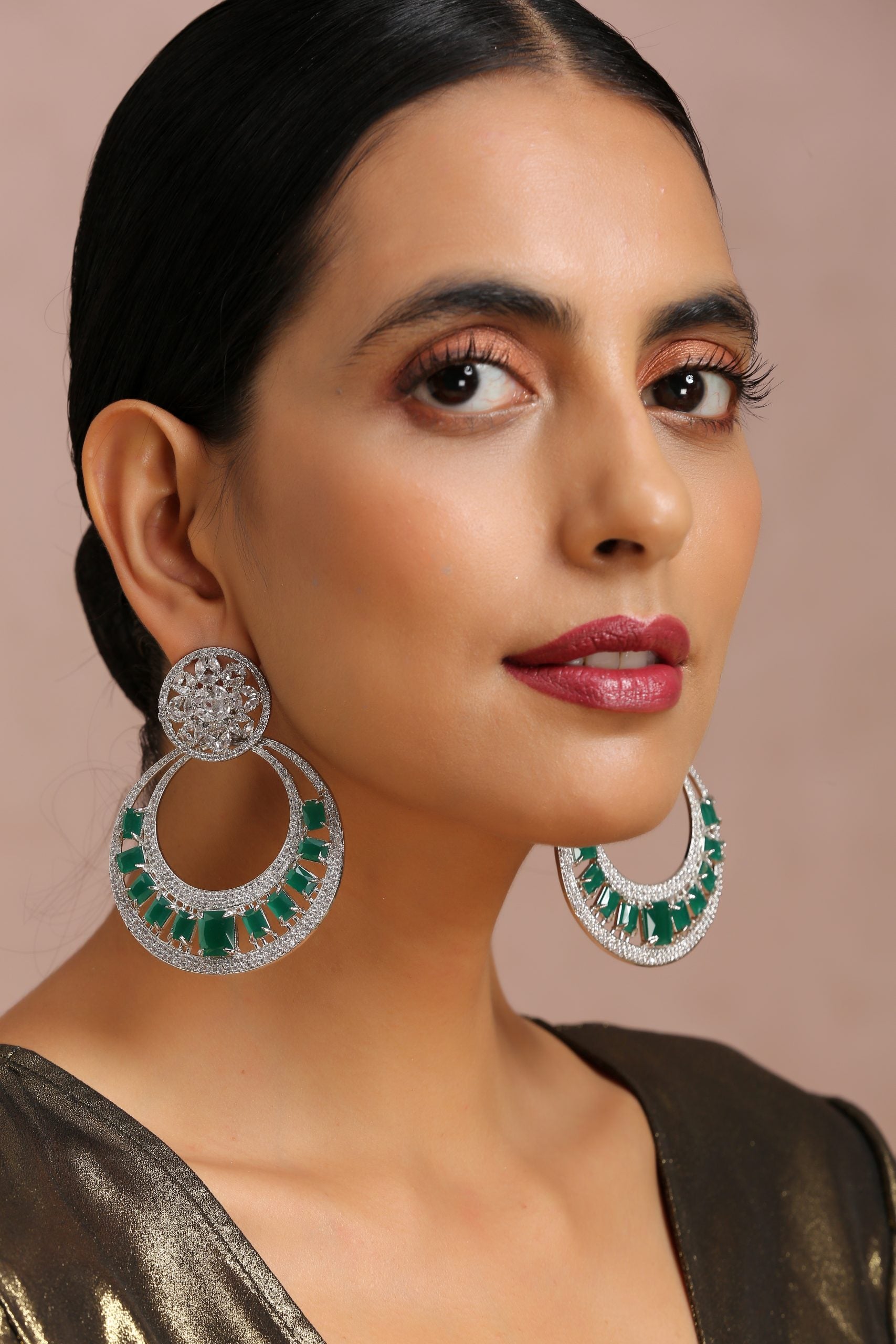 Green Silver Tone Zirconia  Chandbali Earrings