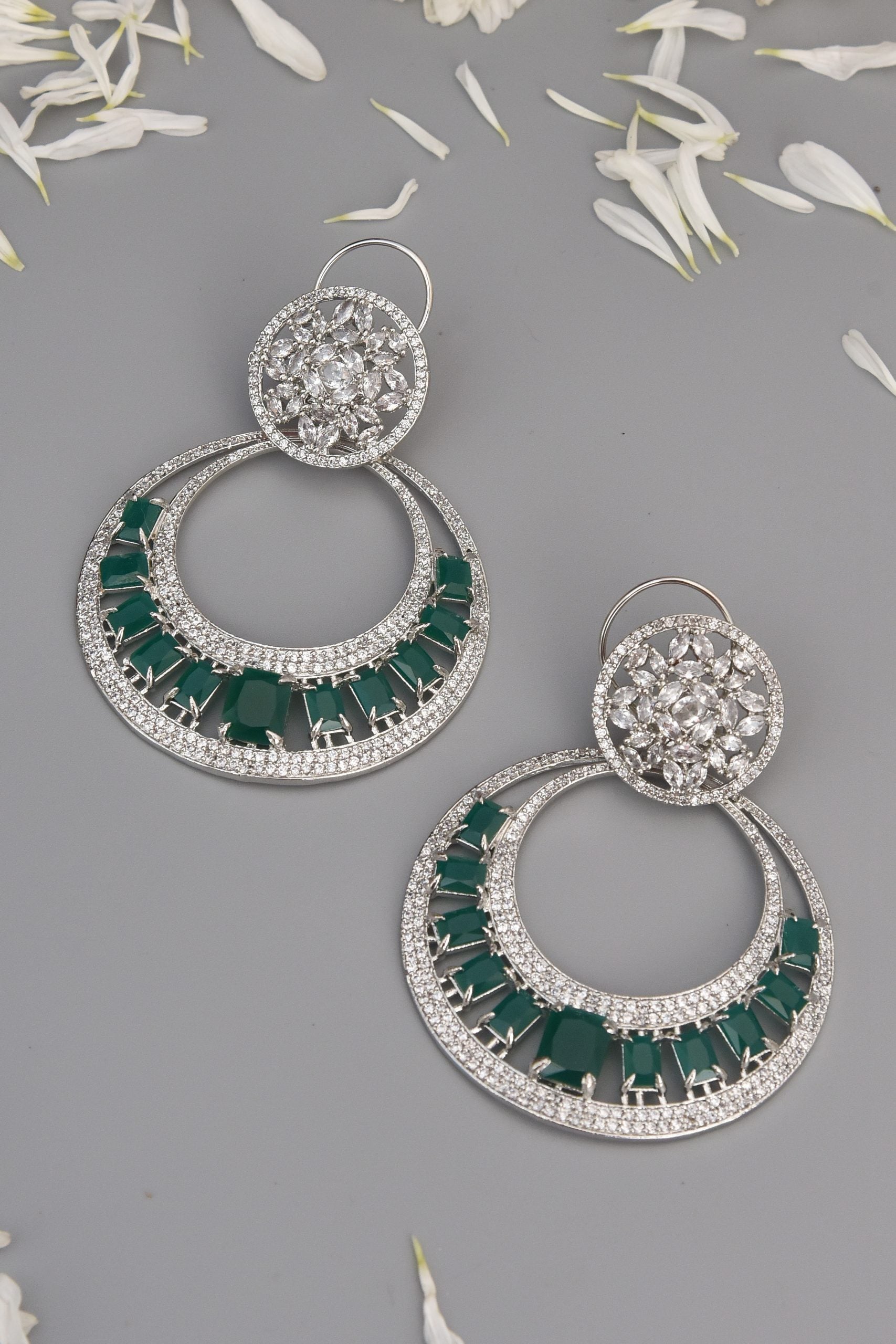 Green Silver Tone Zirconia  Chandbali Earrings