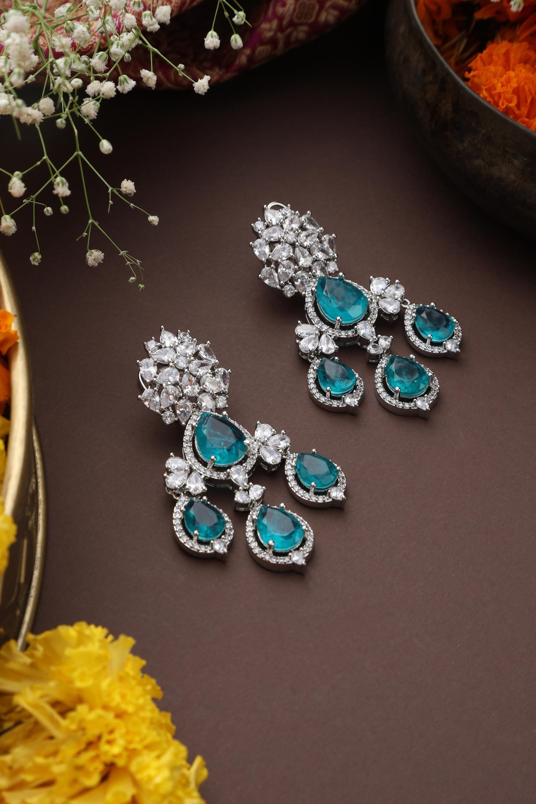 Teal Silver Tone Zirconia Earrings