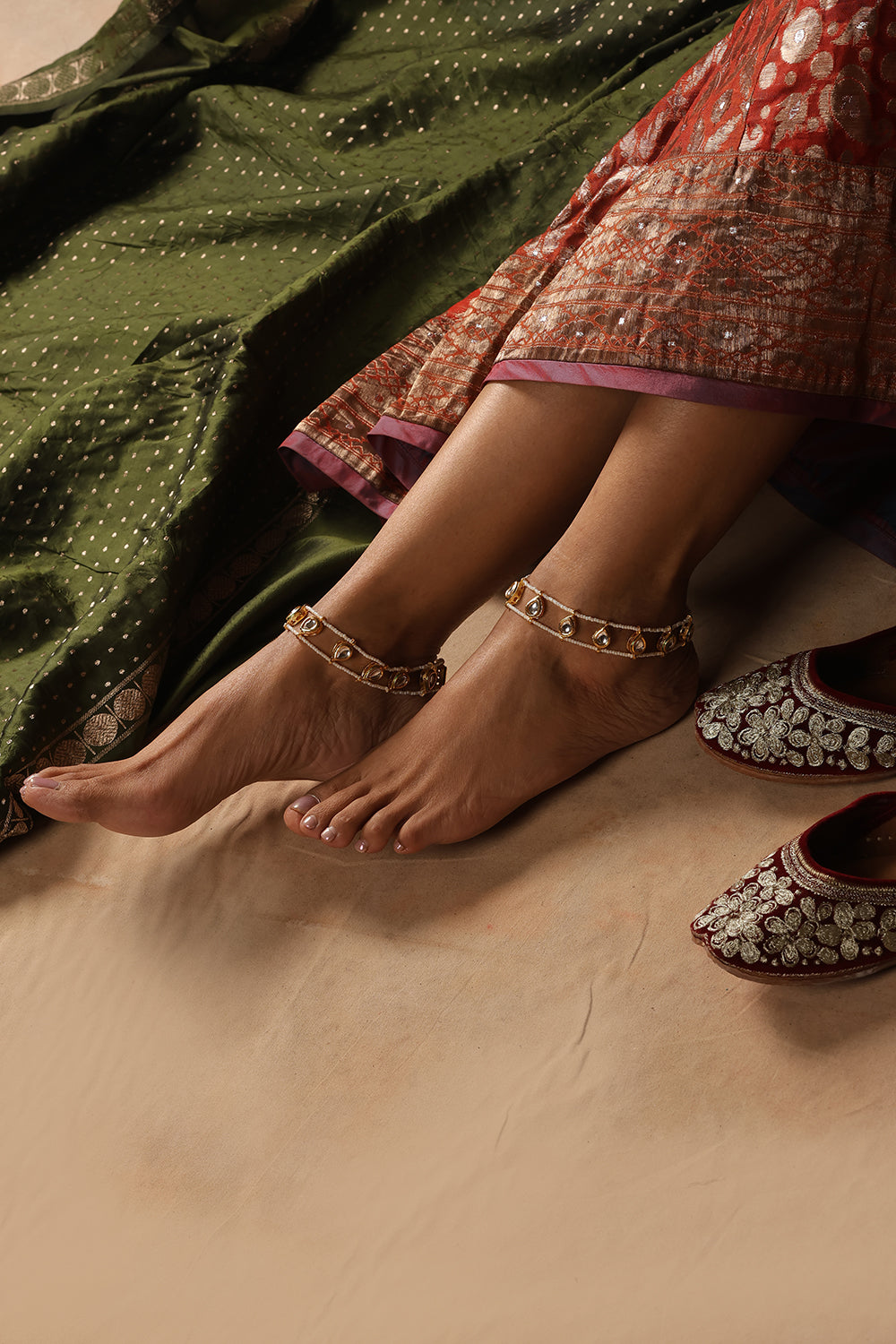 White Gold Tone Kundan and Pearl Anklets