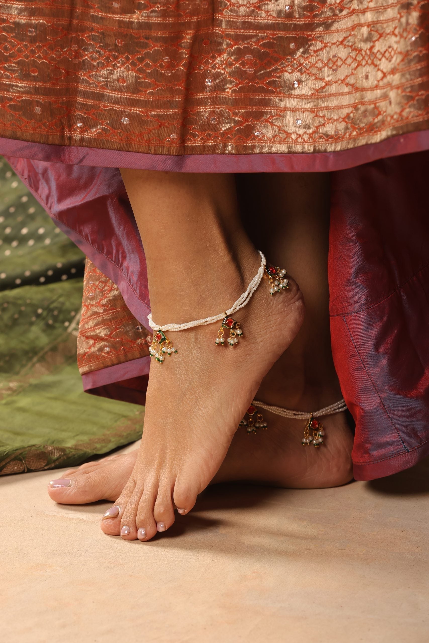 Red Gold Tone Kundan and Pearl Anklets