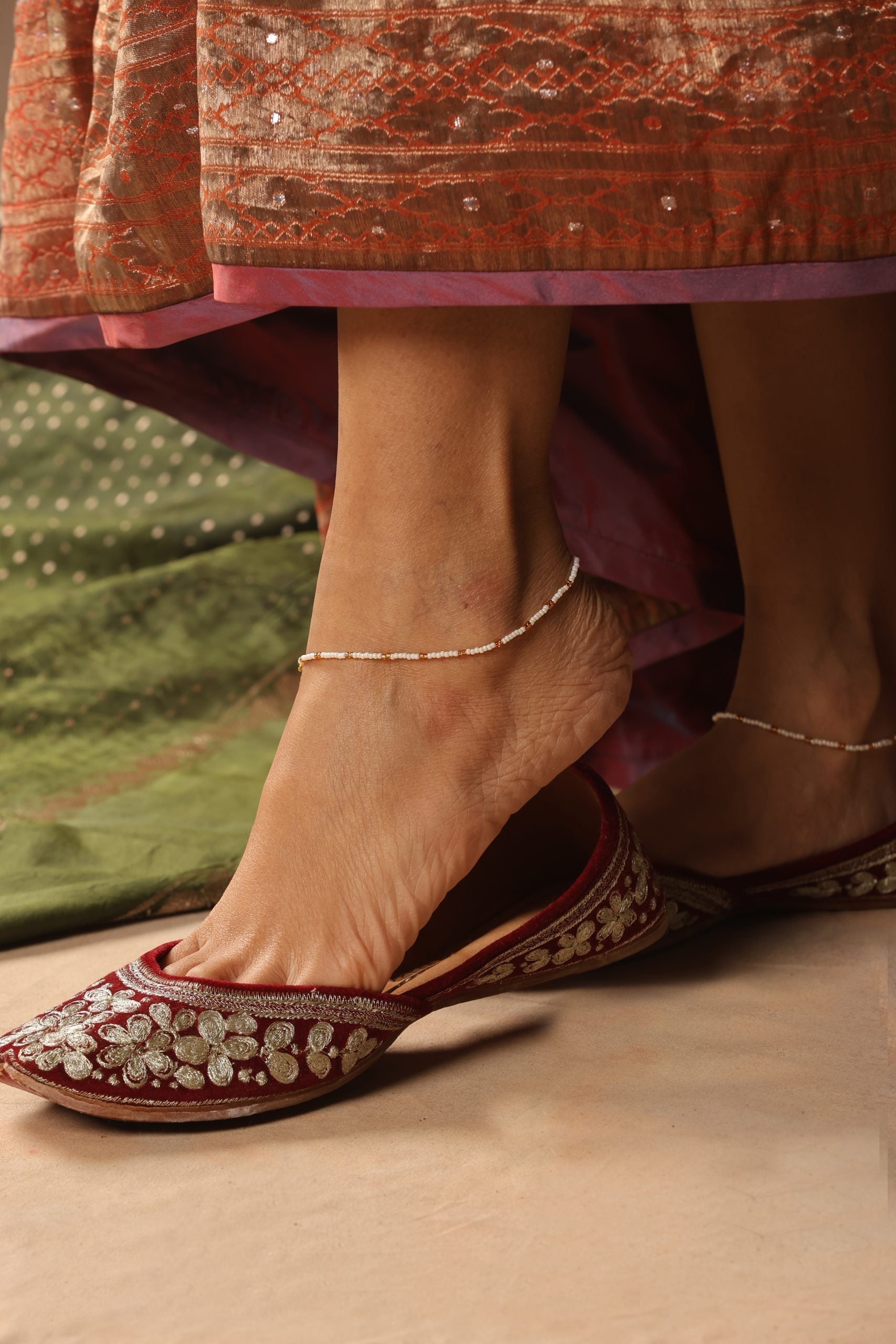 White Gold Tone Pearl Anklets