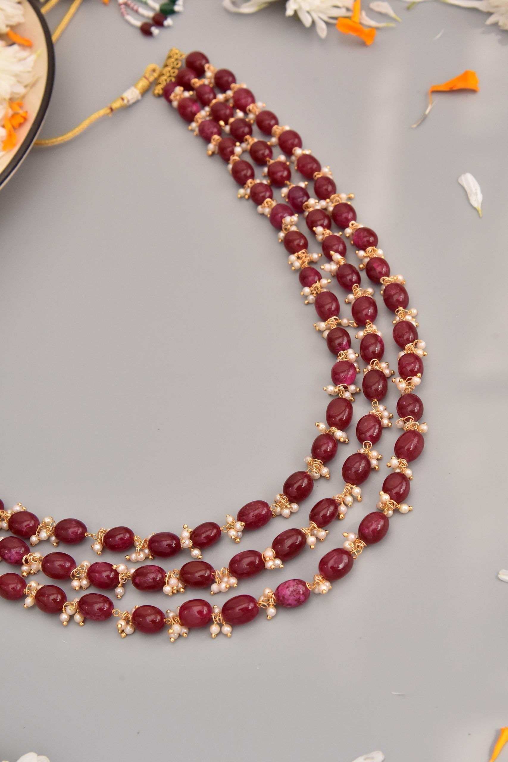 Red Gold Tone Beads Layered Necklace