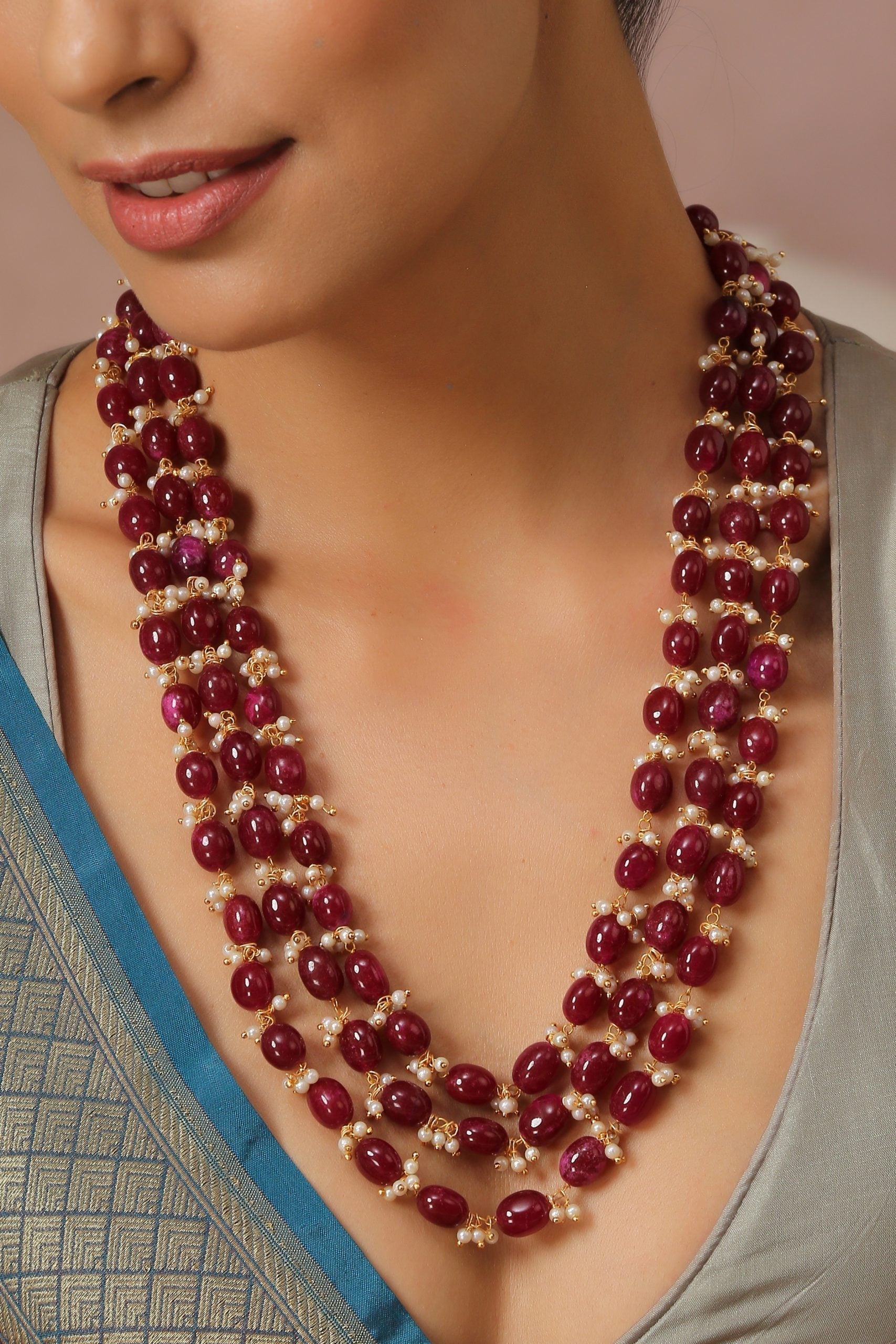 Red Gold Tone Beads Layered Necklace