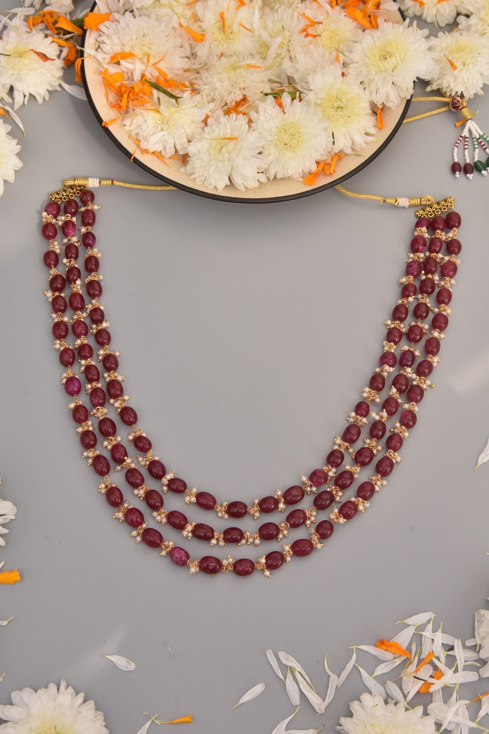 Red Gold Tone Beads Layered Necklace