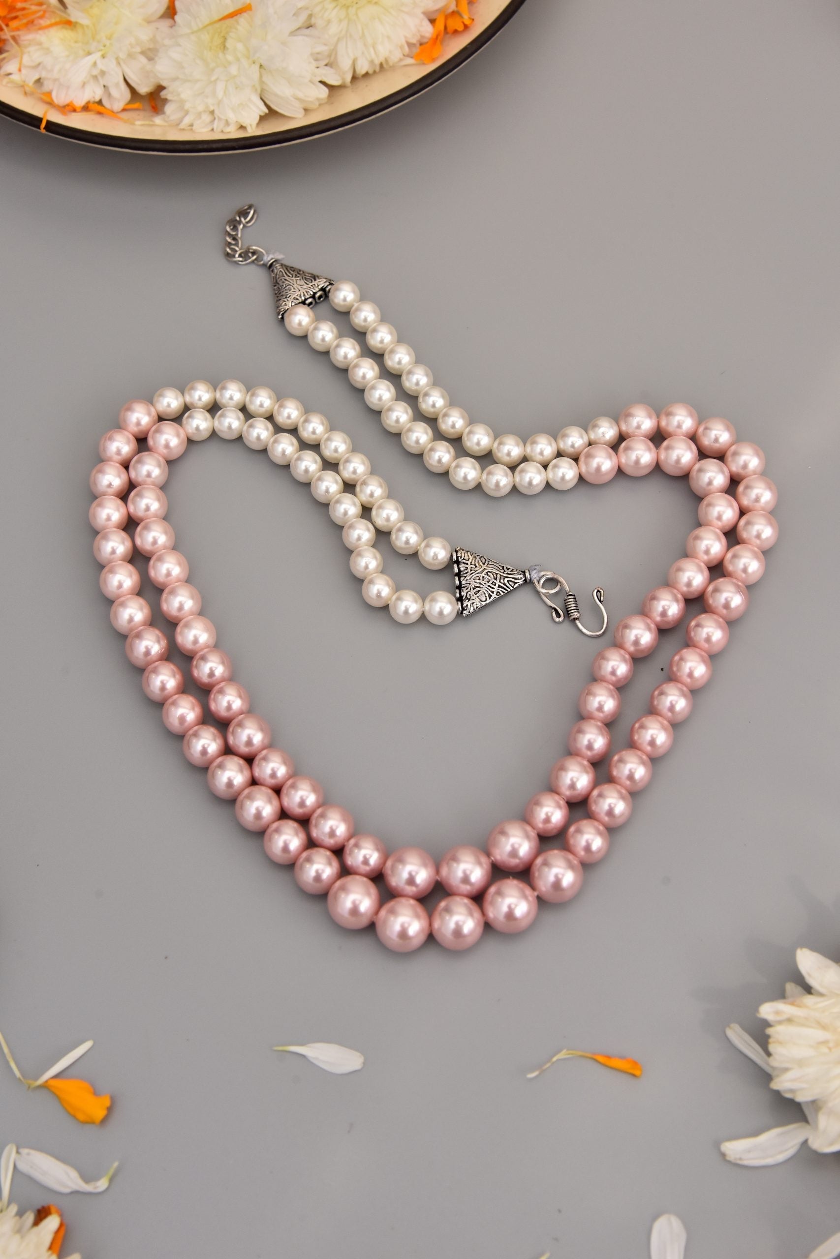 Pink and White Pearls Layered Necklace