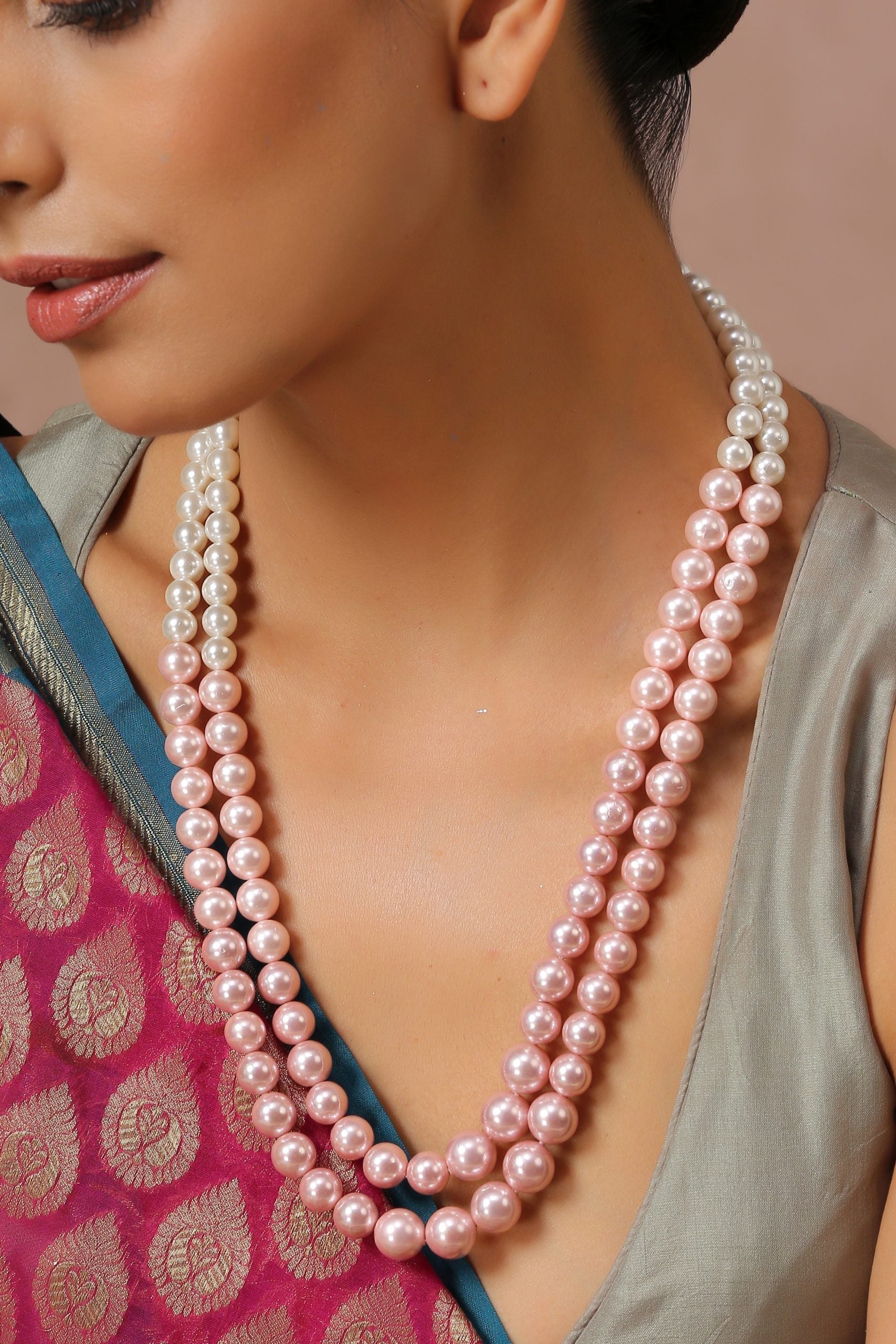 Pink and White Pearls Layered Necklace