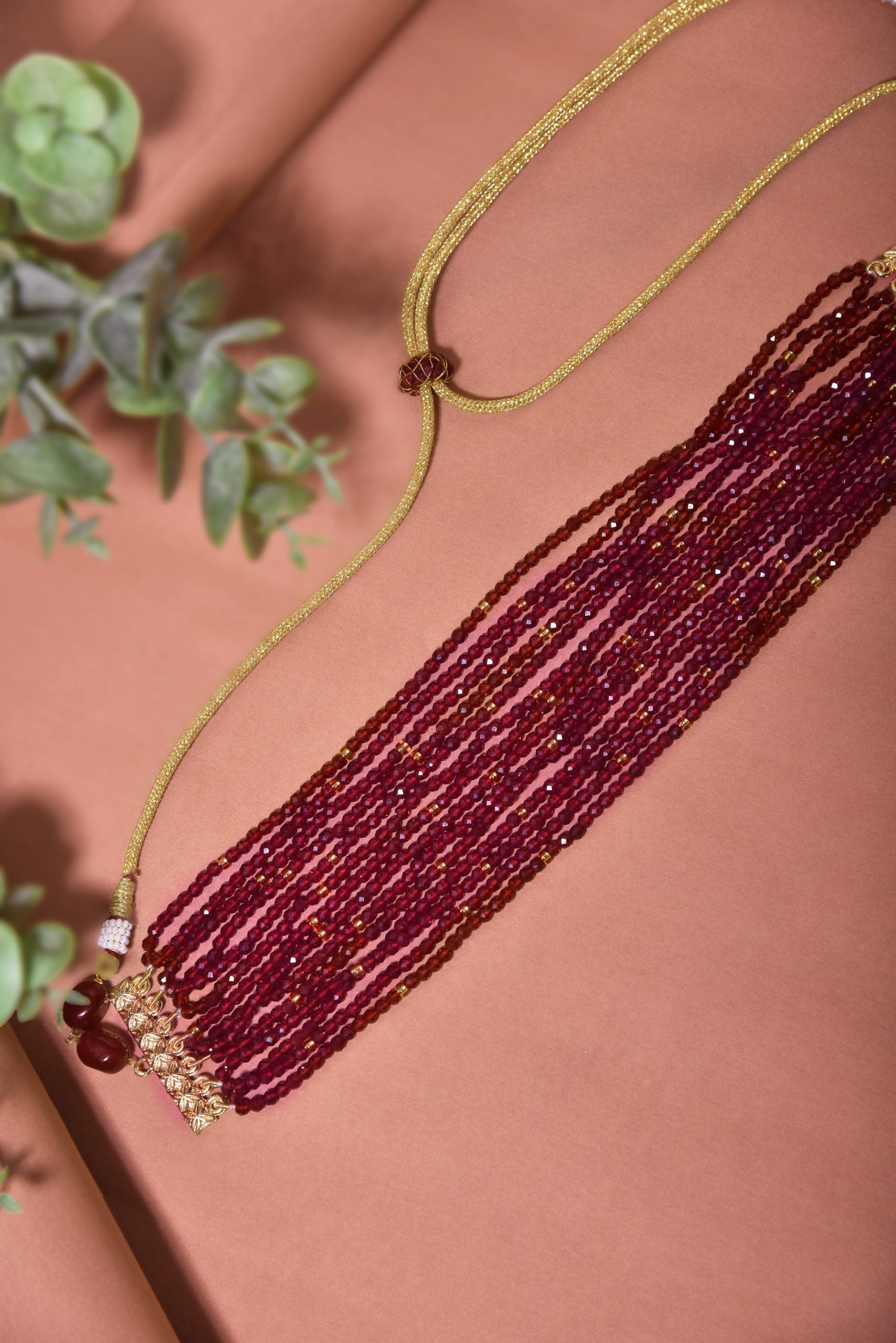 Red Gold Tone Beaded Necklace