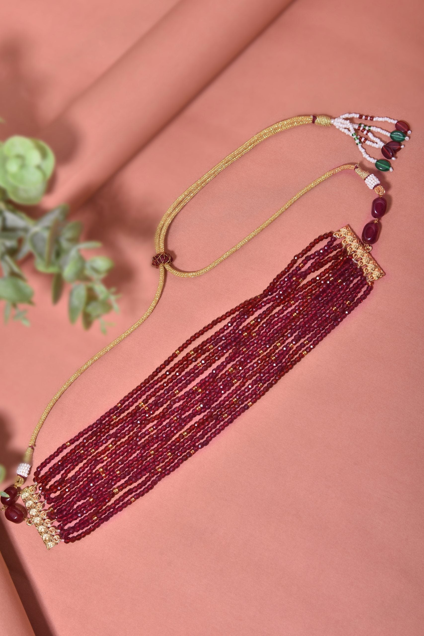 Red Gold Tone Beaded Necklace