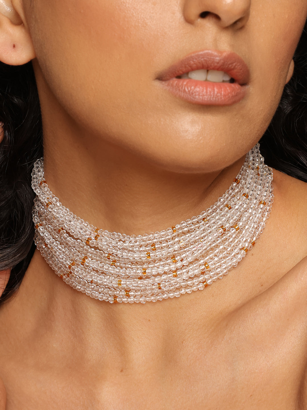 White Gold Tone Beaded Choker Necklace