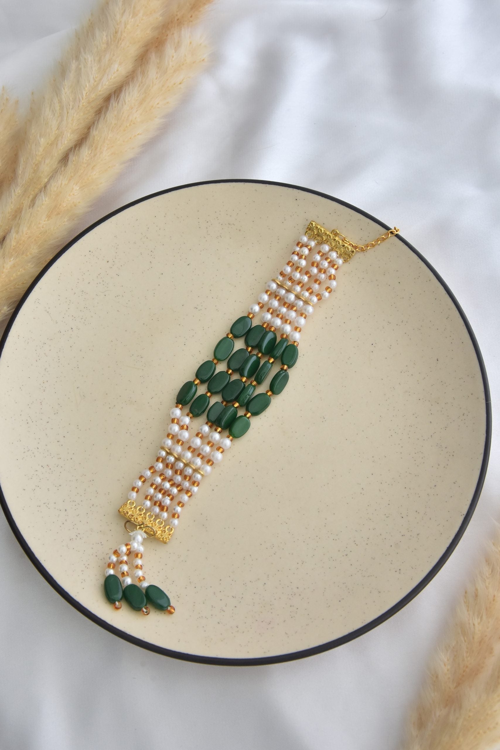 Green and White Gold Tone Pearl Bracelet