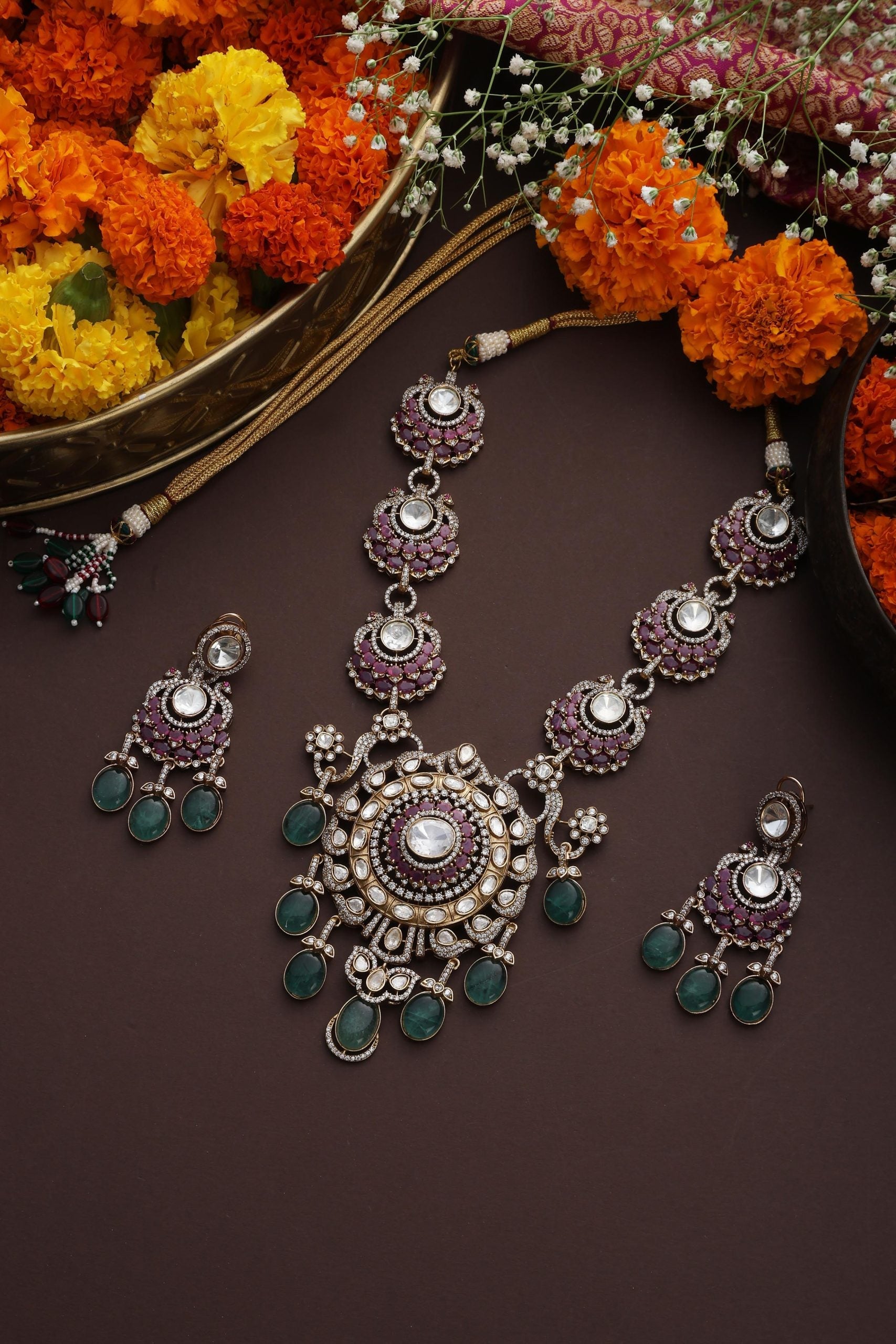 Multicolour Polki Pendant Necklace Set