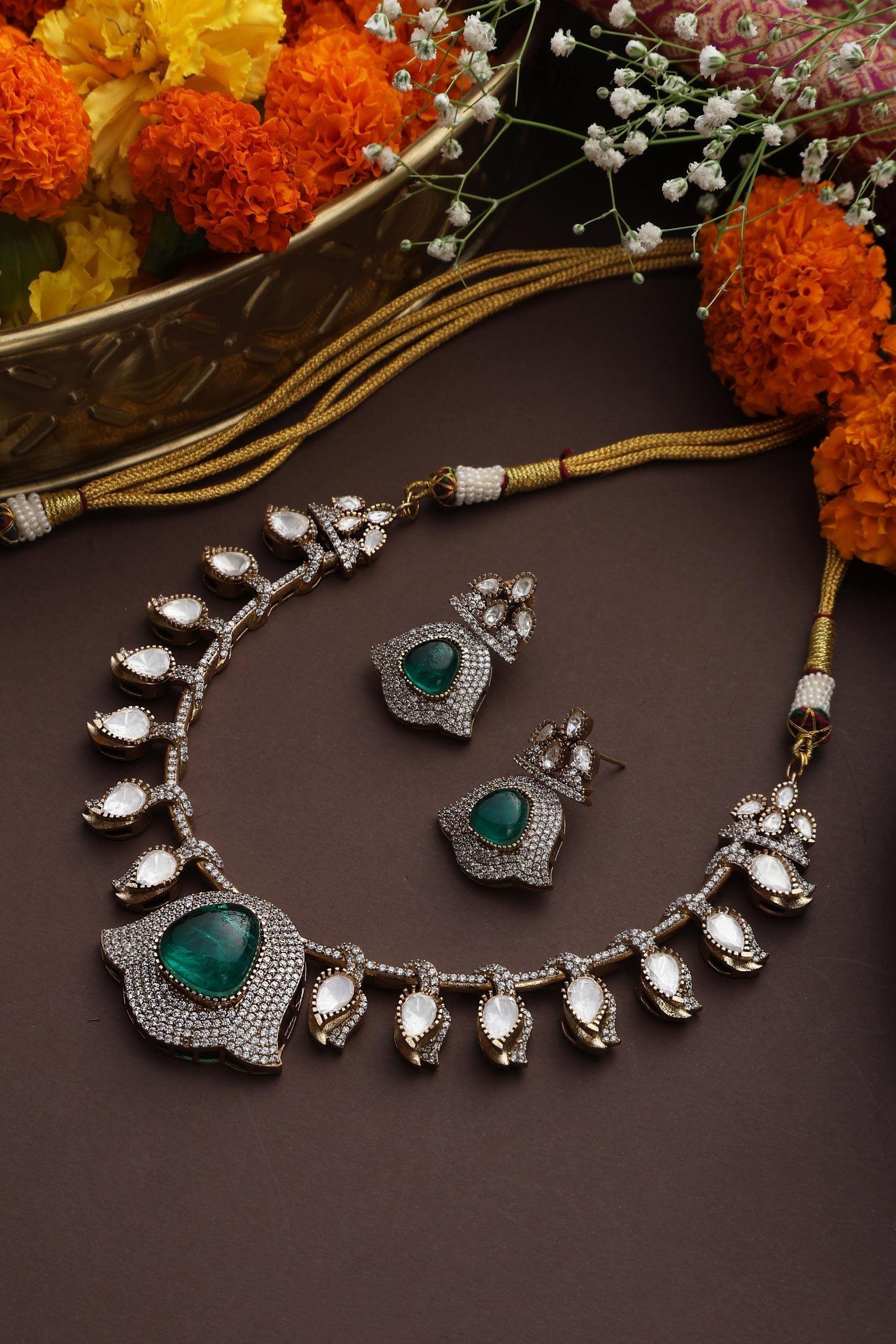 Emerald Gold Tone Polki Necklace Set