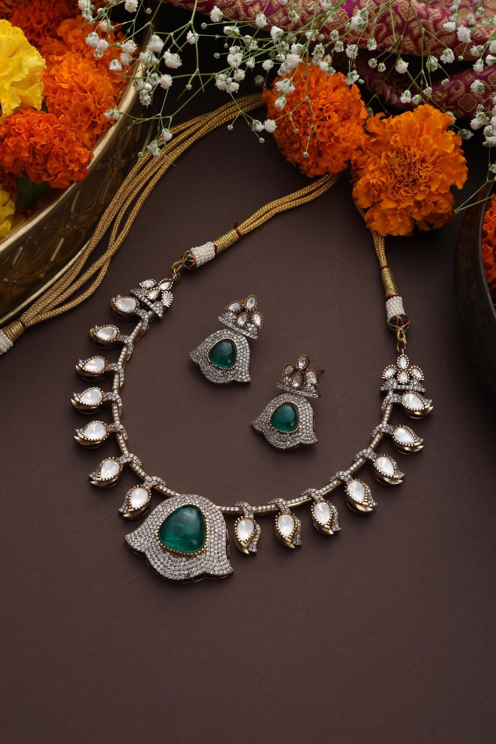 Emerald Gold Tone Polki Necklace Set