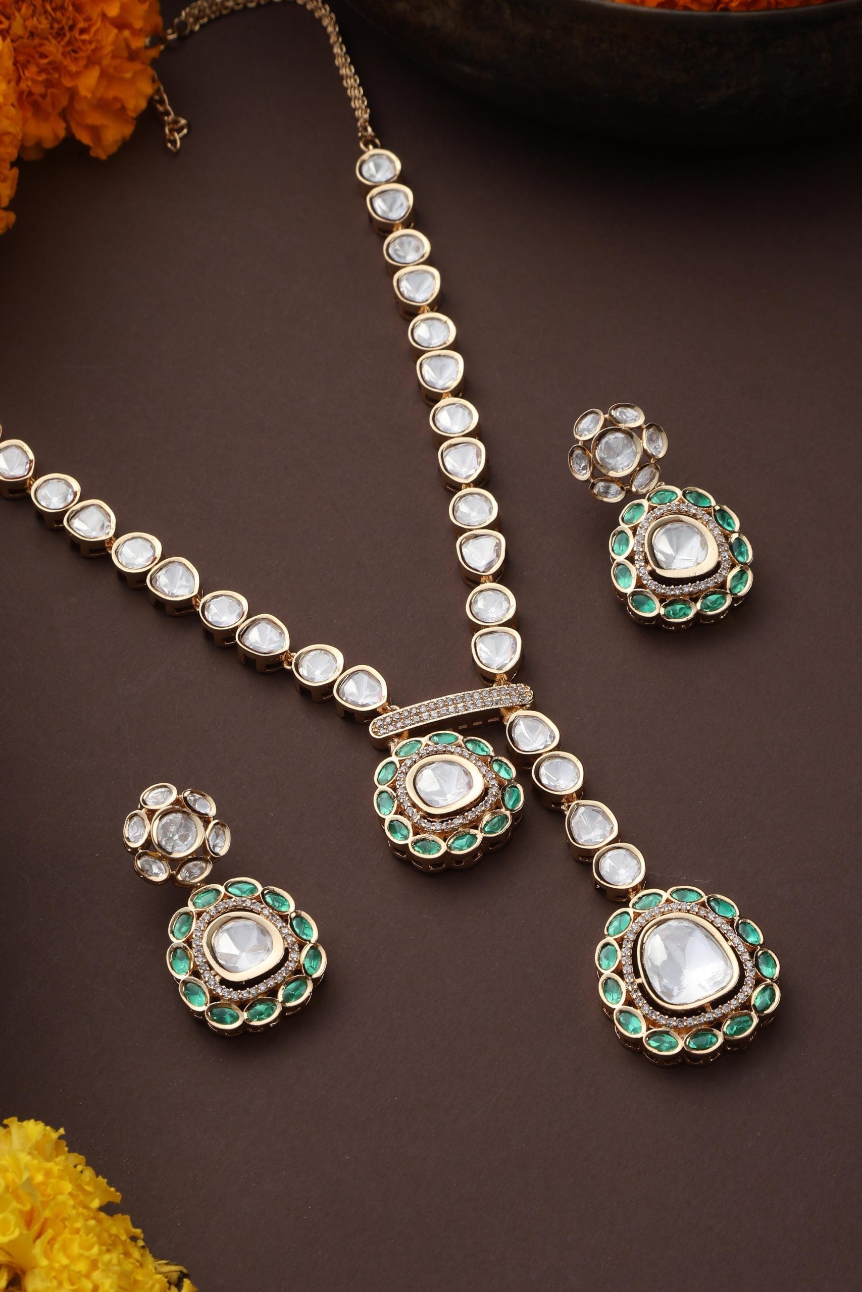 Green Gold Tone Polki Necklace Set